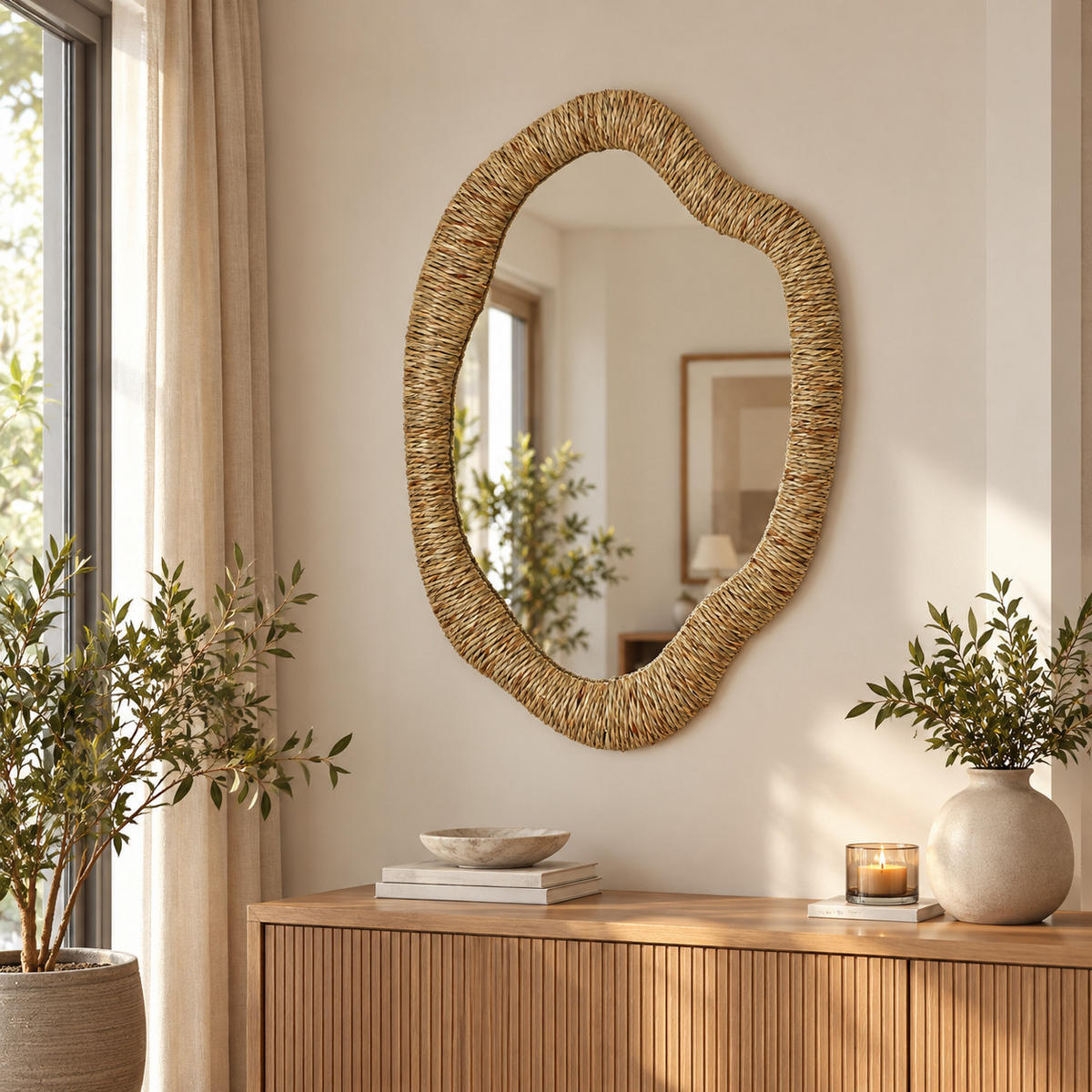 SEEGRAS Wandspiegel, B50xH75cm Organische Form Handgefertigt - Dunkelgelb, Naturmaterialien (3.5/75/50cm) - Hometopia