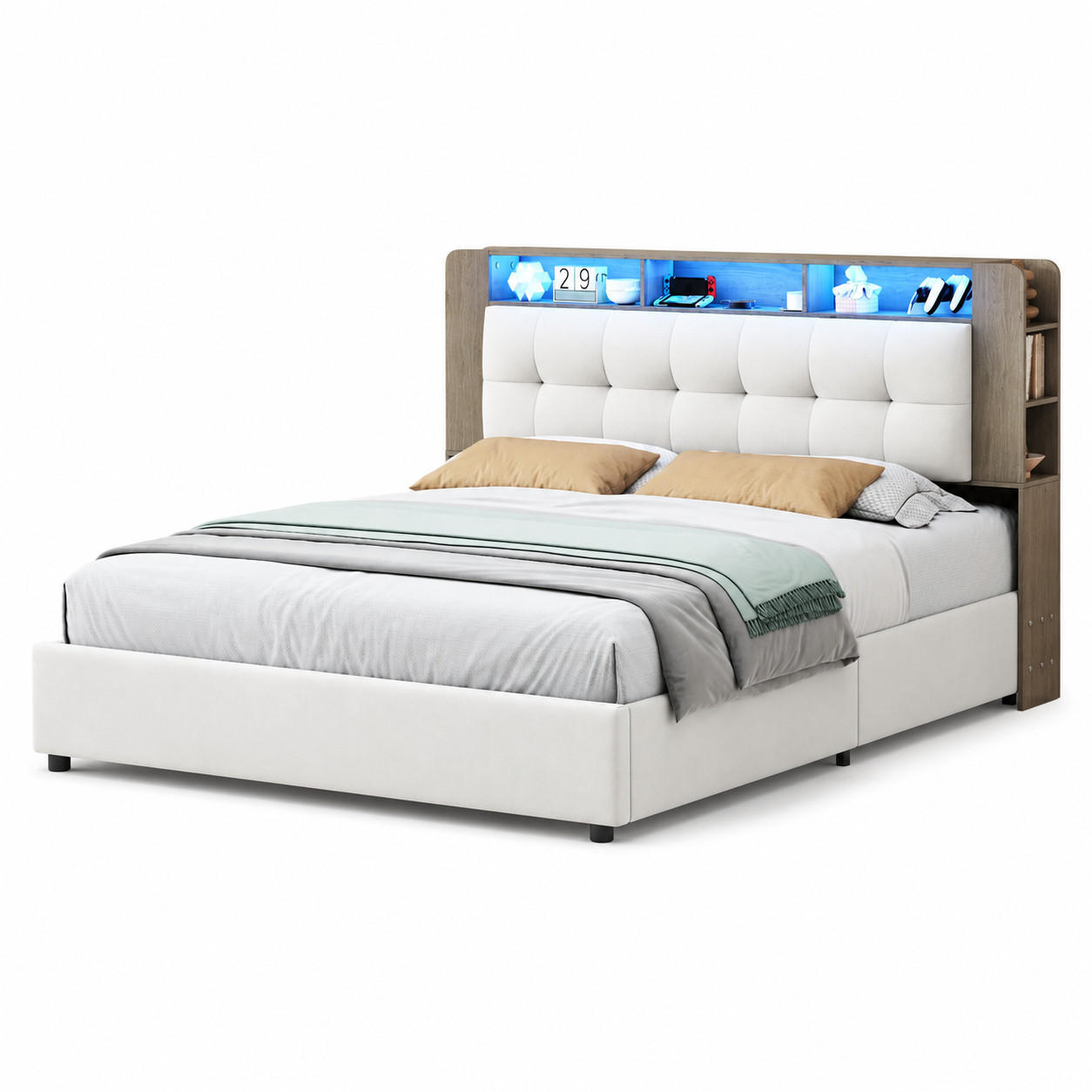 POLSTERBETT 140/200 cm mit Stauraum‑Kopfteil, RGB‑LED‑Beleuchtung & USB‑Anschluss, modernes Stoffbett - Beige, Holz/Metall (140/200cm) - Joyfair