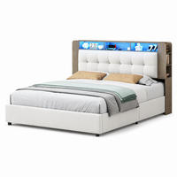 POLSTERBETT 140/200 cm mit Stauraum‑Kopfteil, RGB‑LED‑Beleuchtung & USB‑Anschluss, modernes Stoffbett - Beige, Holz/Metall (140/200cm) - Joyfair