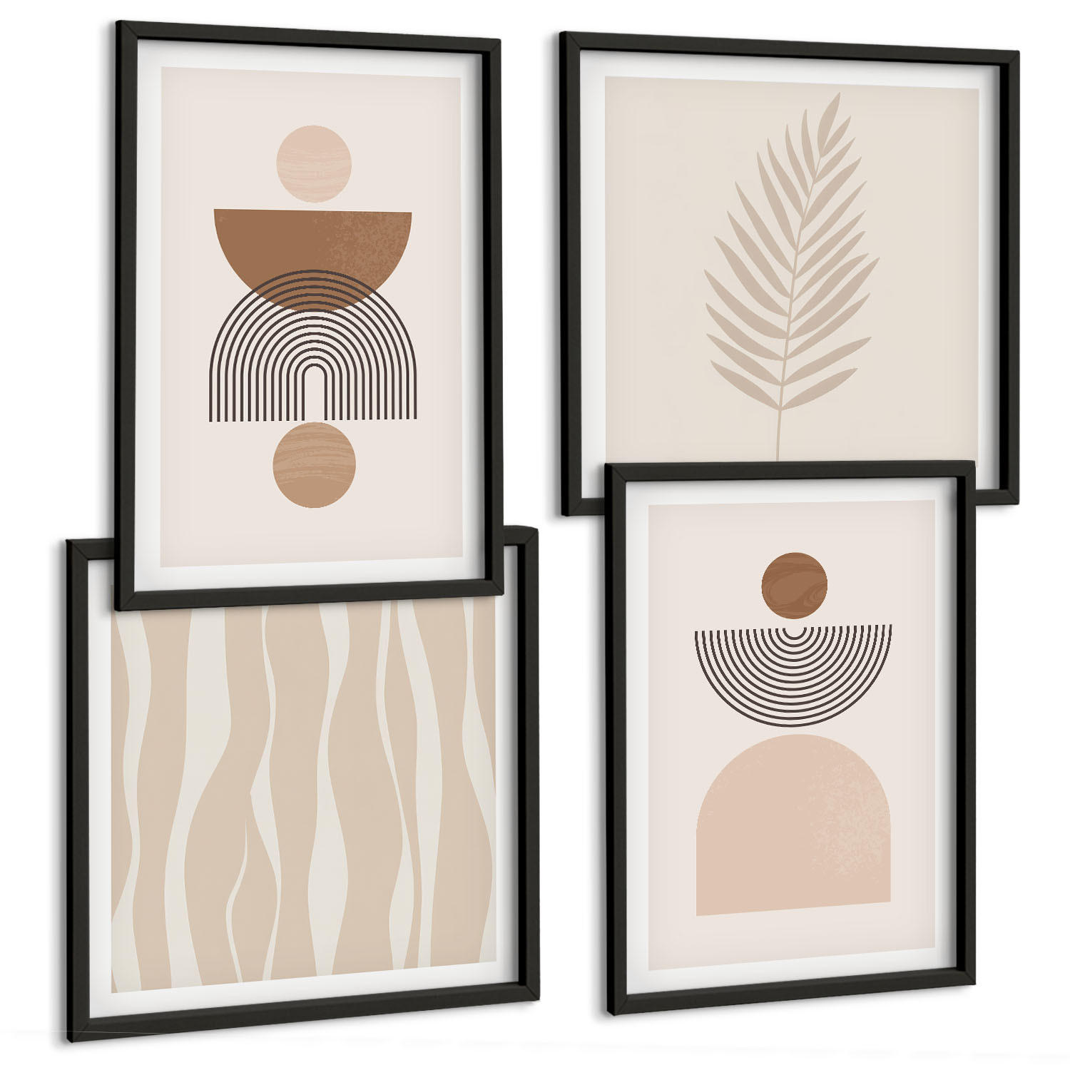 BILDER SET 4er Set - 50x50 cm & 40x60 cm Schwarzer Rahmen - Abstrakte Formen braun beige - Schwarz, Kunststoff (50/50cm) - TULUP