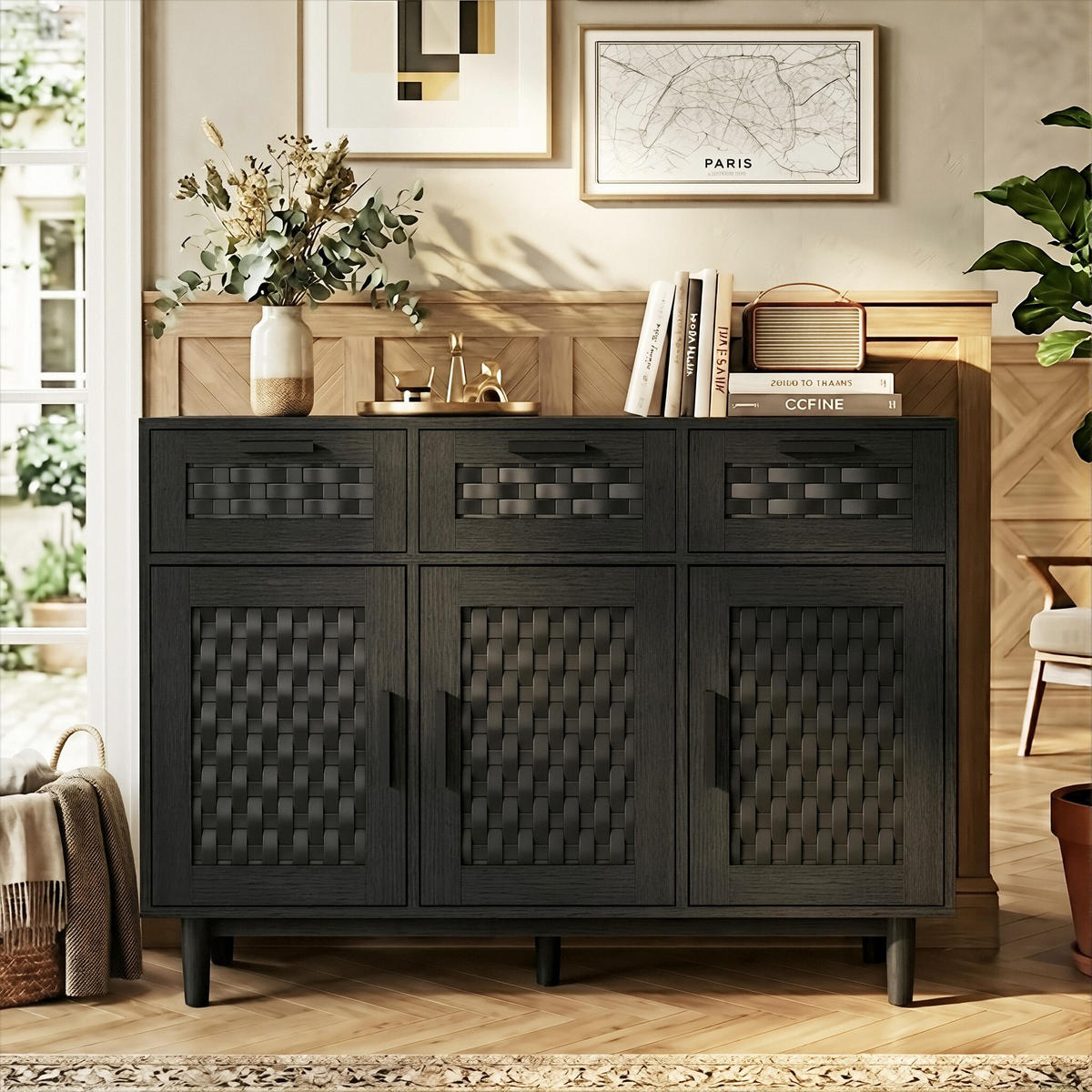 SIDEBOARD Japandi mit 3 Türen & 3 Schubladen 108/40/80 cm Schwarz - Schwarz, Holzwerkstoff (107.9/80/40cm) - Creahappy