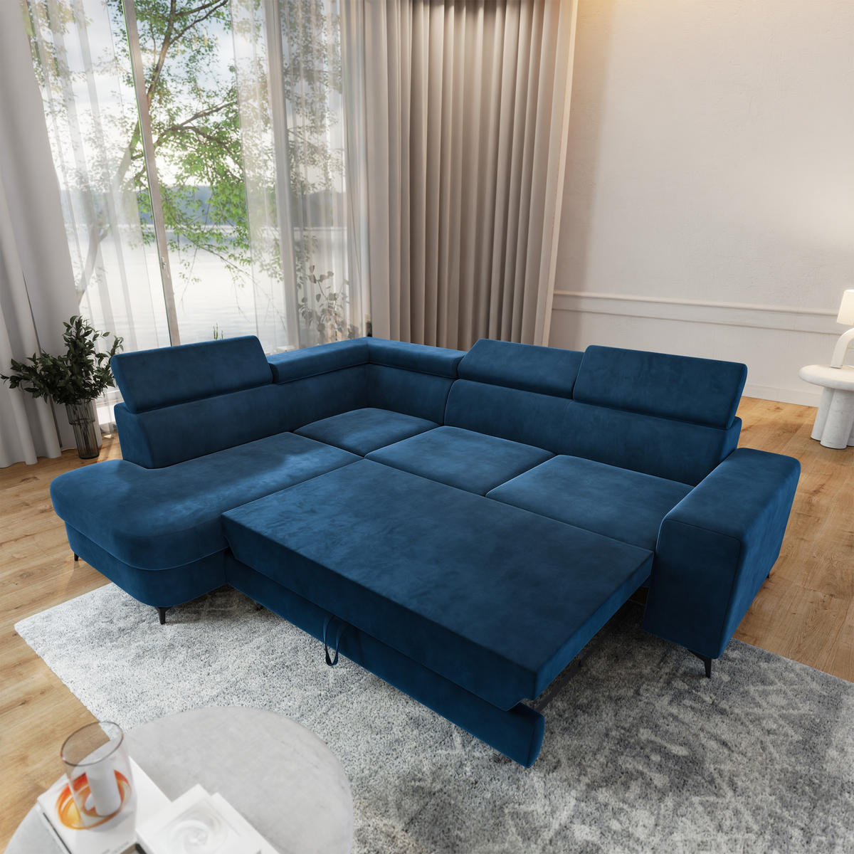 ECKSOFA ALVORO L-S Blau Velours-Stoff mit Schlaffunktion - Blau, Holz (253/190cm) - MASSENO