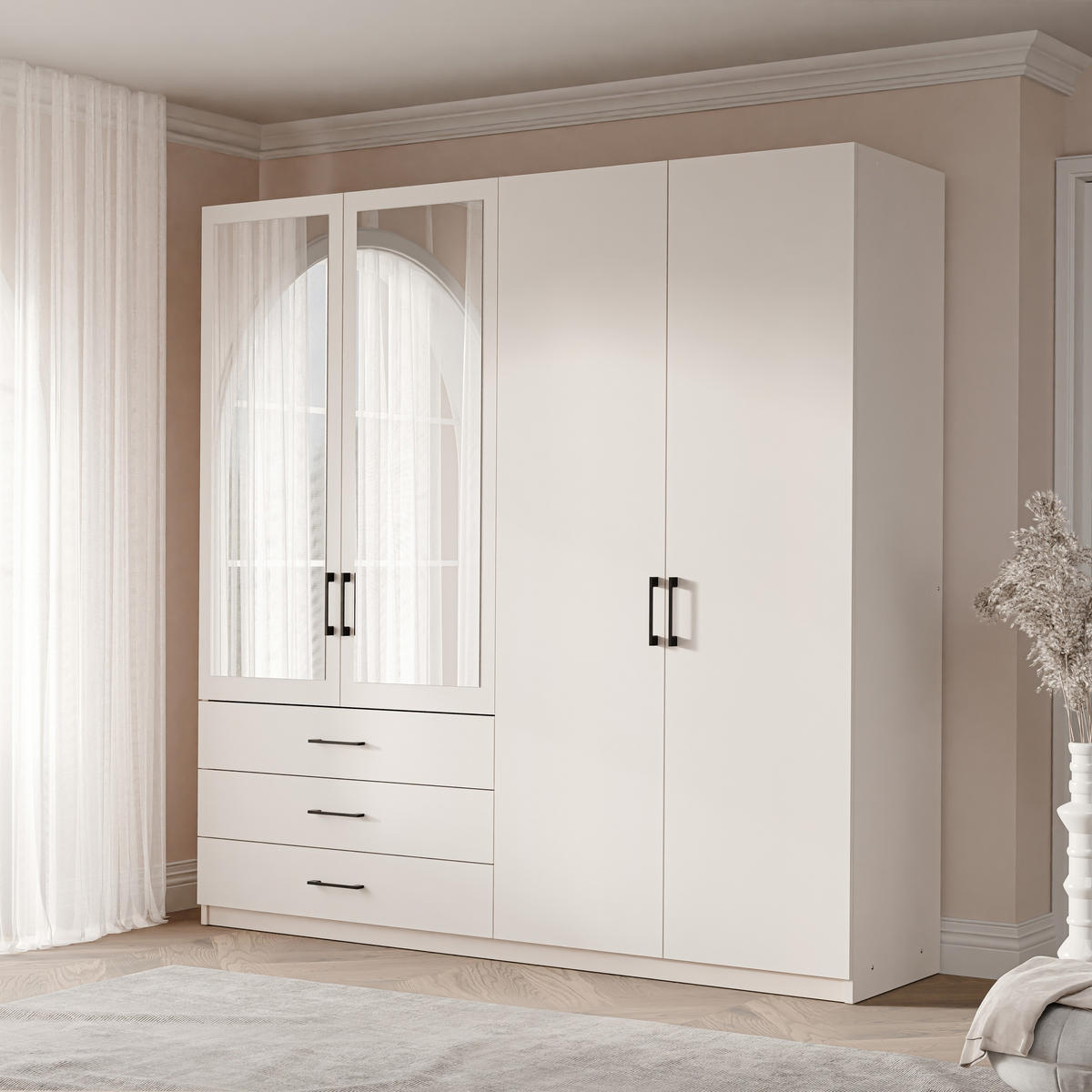 DREHTÜRENSCHRANK HECARIM 215/196/60 cm 4-türig mit Spiegel Kaschmir - Kaschmir, Holzwerkstoff (215/196/60cm) - MASSENO