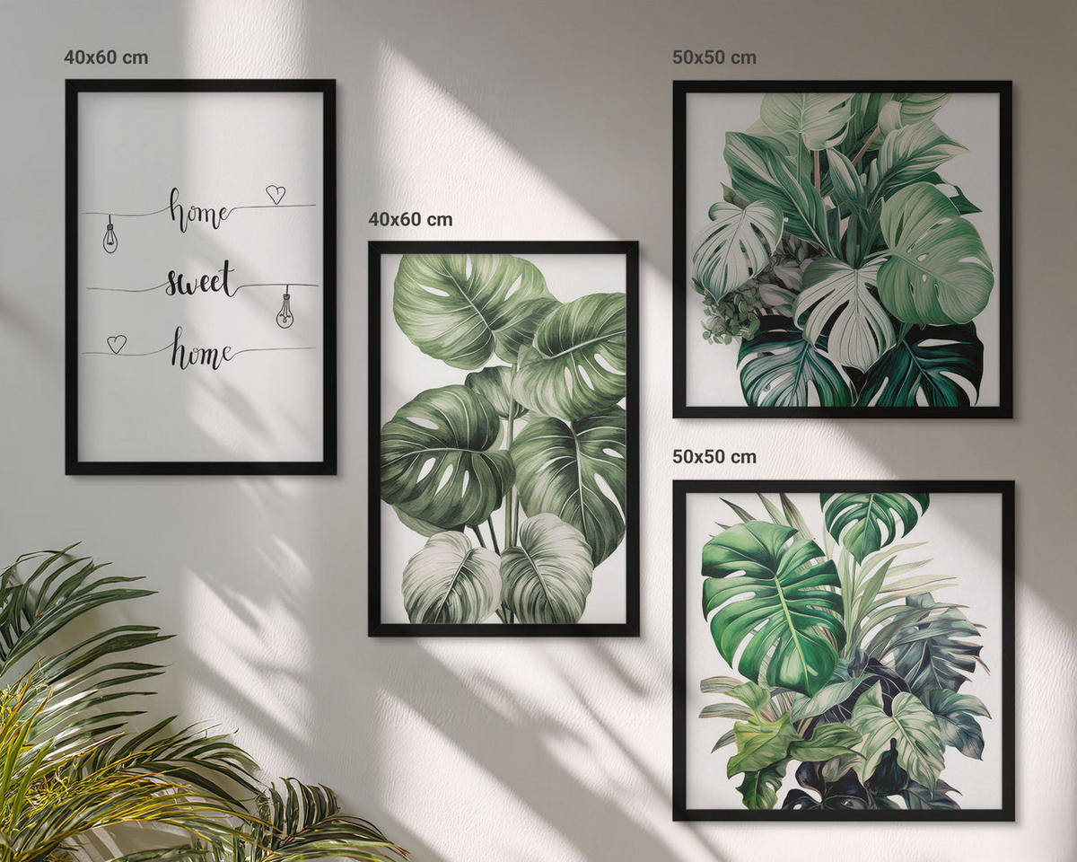 WANDBILDER 4er-Set - 50x50 cm & 40x60 cm Schwarzer Rahmen - Aquarell-Monstera-Blätter - Schwarz, Kunststoff (50/50cm) - ArtPrintCave