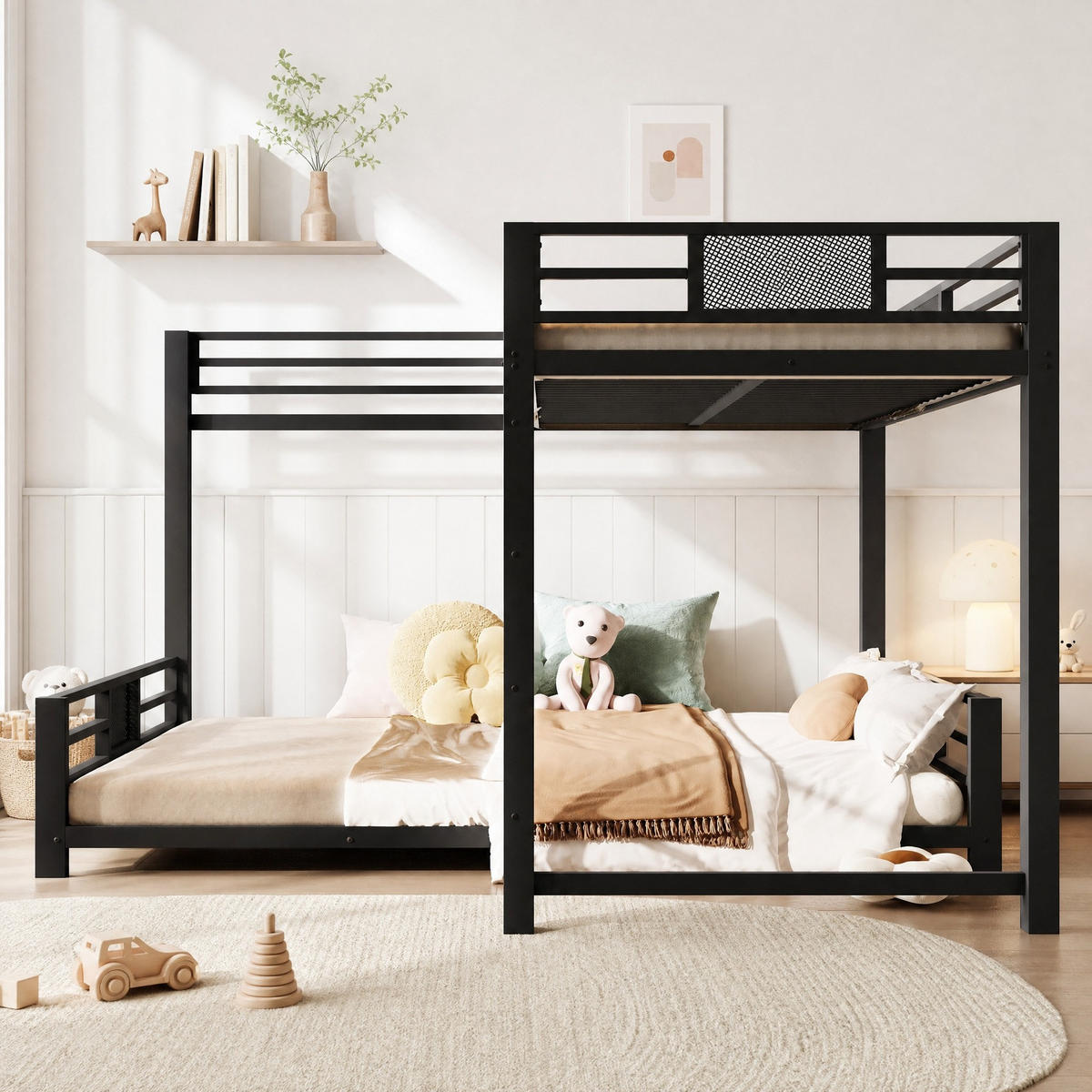 ETAGENBETT 90/200+140/200 cm mit L-Form, Schutzgittern und Metalllatten in Schwarz - Schwarz, Metall (140/200cm) - EVRYAE