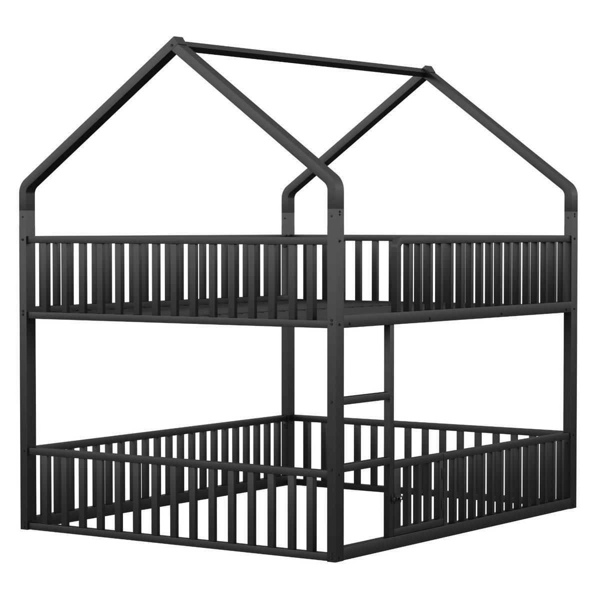 ETAGENBETT 140/200 cm schwarz mit Hausdesign und Sicherheitsgeländern - Schwarz, Metall (140/200cm) - OKWISH