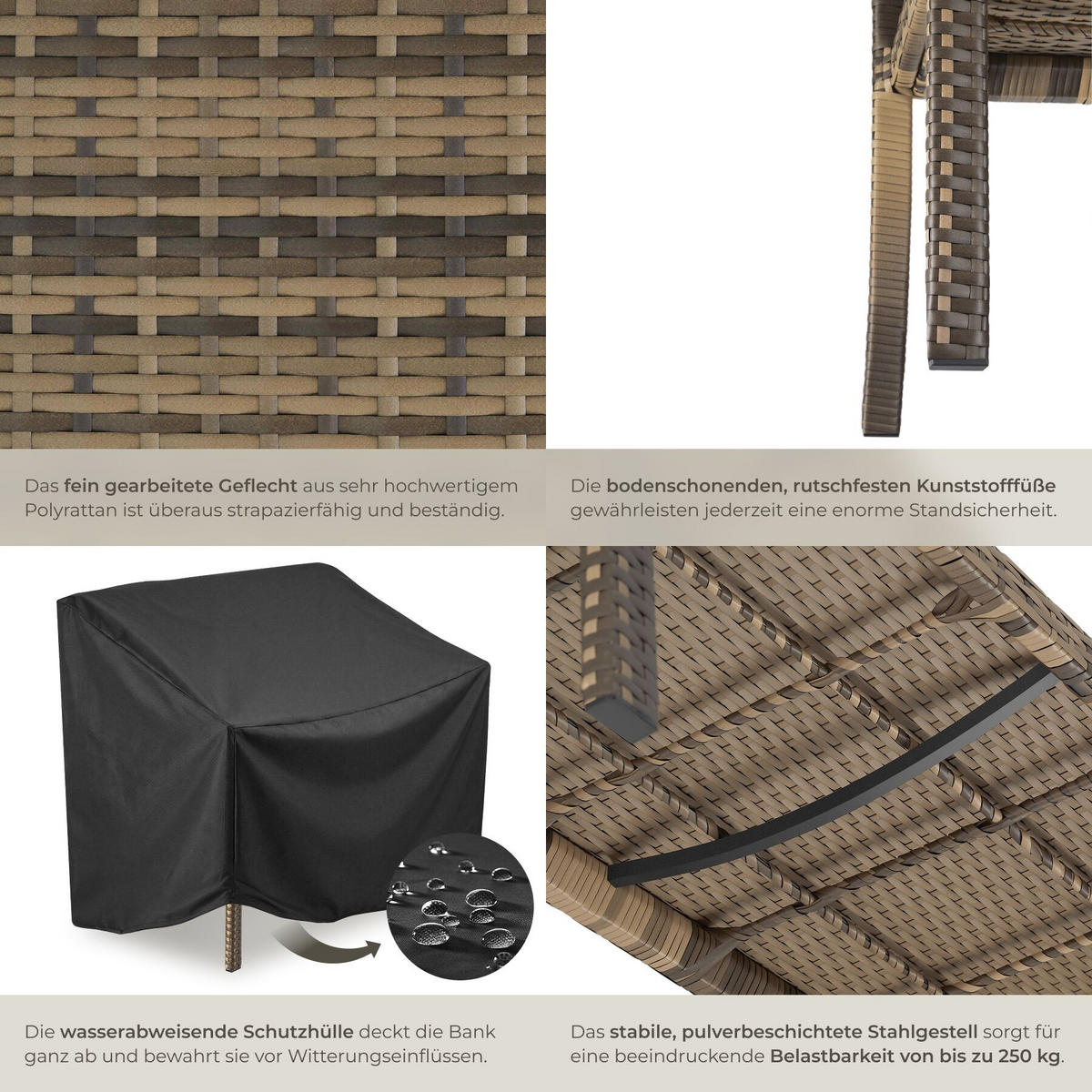 RATTAN-GARTENBANK Murat, 125 x 62,5 x 90 cm, inklusive Schutzhülle, natur - Naturfarben, Kunststoff (125/90/62.5cm) - tectake