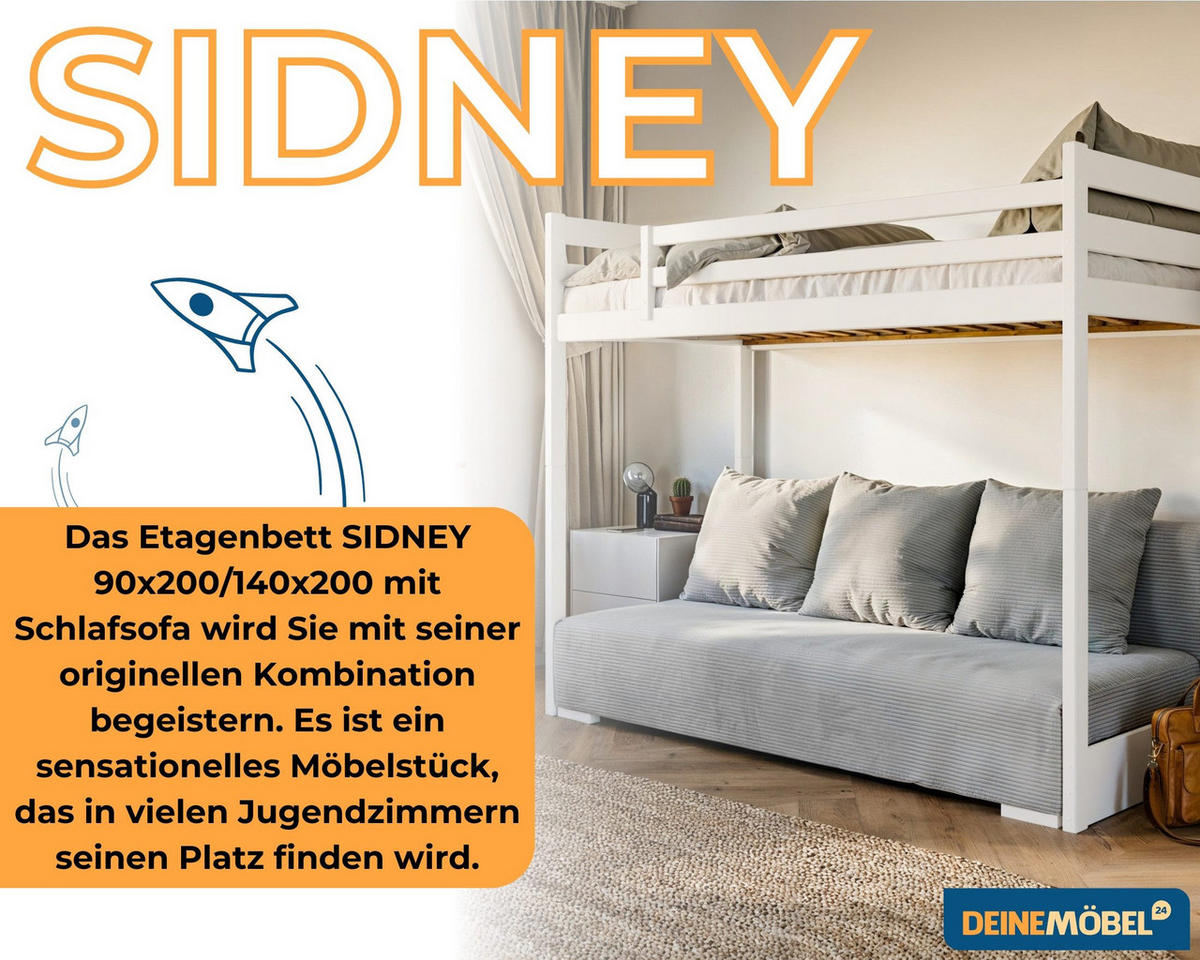 ETAGENBETT SIDNEY 90x200 in Weiß / Creme - Creme/Weiß, Holz/Holzwerkstoff (90/200cm) - Deine Möbel 24