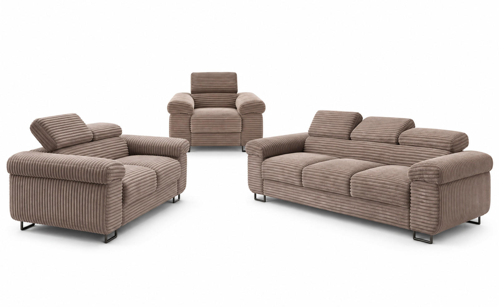 GUSTAW Sitzgarnitur 3+2+1, Schlafsofa 3-Sitzer, Cordbezug Cappuccino - Cappuccino, Textil (225/92/101cm) - KS Home Concept