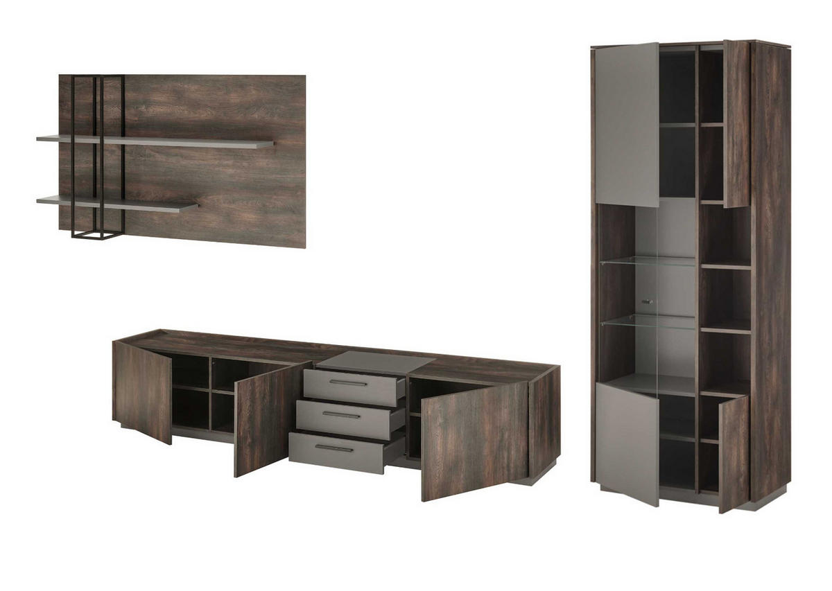 WOHNWAND Thermo Eiche, grau, Set 4-teilig mit XXL TV-Lowboard und Soft-Close - Eichefarben/Grau, Holzwerkstoff/Metall (416/200/45cm) - Furn.Design