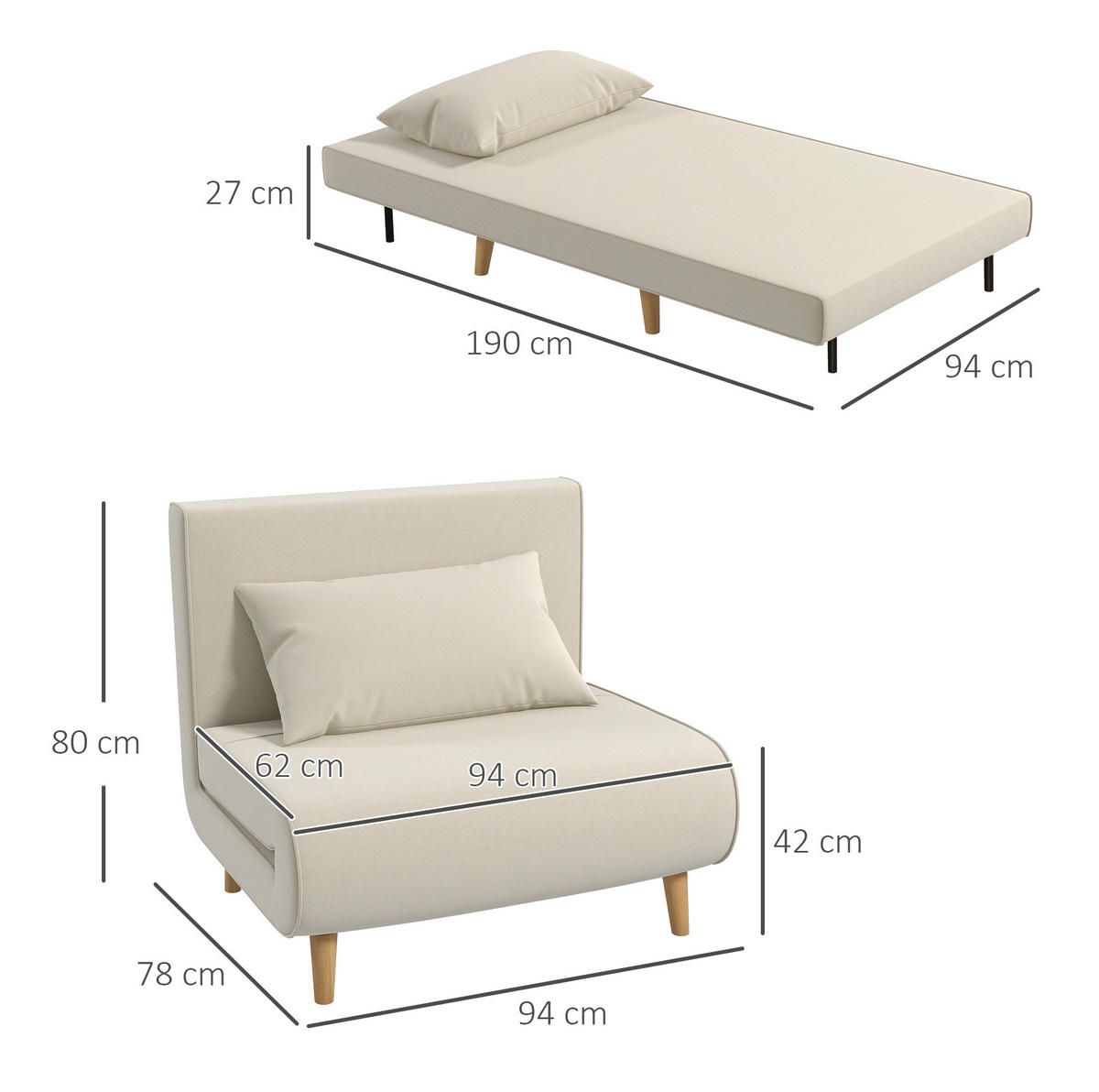 SCHLAFSOFA mit Leinen-Polyesterbezug, 6-fach verstellbar, 94/78/80 cm, Beige - Beige, Holz (78/80/94cm) - Redom
