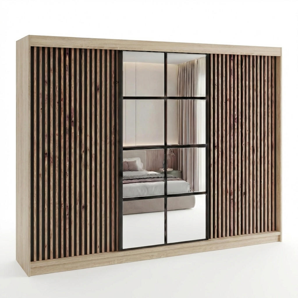 SCHWEBETÜRENSCHRANK NORIVO-Sonoma, Schwarz-Lamelle, Schwarz-Spiegel, Schwarz-Lamelle 200 cm - Schwarz/Braun, Holzwerkstoff (200/215/59.5cm) - A&J MöbelLand