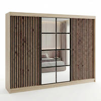 SCHWEBETÜRENSCHRANK NORIVO-Sonoma, Schwarz-Lamelle, Schwarz-Spiegel, Schwarz-Lamelle 200 cm - Schwarz/Braun, Holzwerkstoff (200/215/59.5cm) - A&J MöbelLand