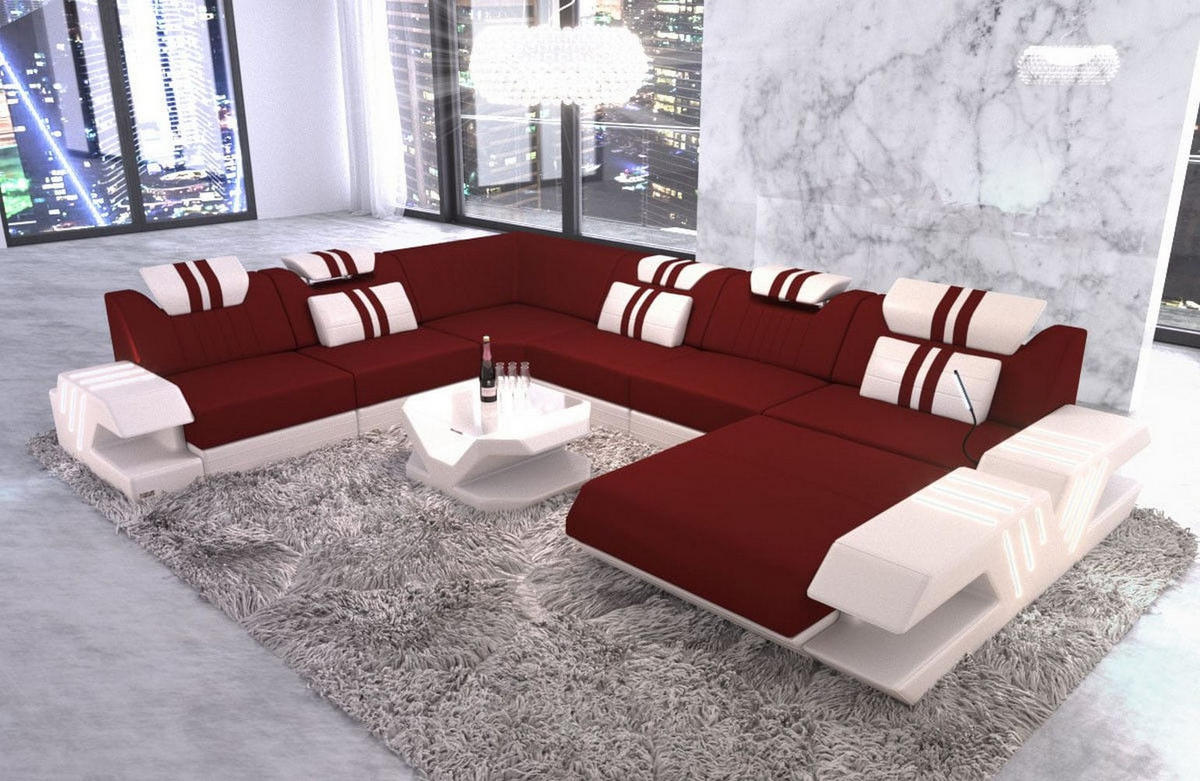WOHNLANDSCHAFT Venedig Dunkelrot Weiß Mikrofaserstoff - Dunkelrot, Kunststoff (373/80/288cm)
