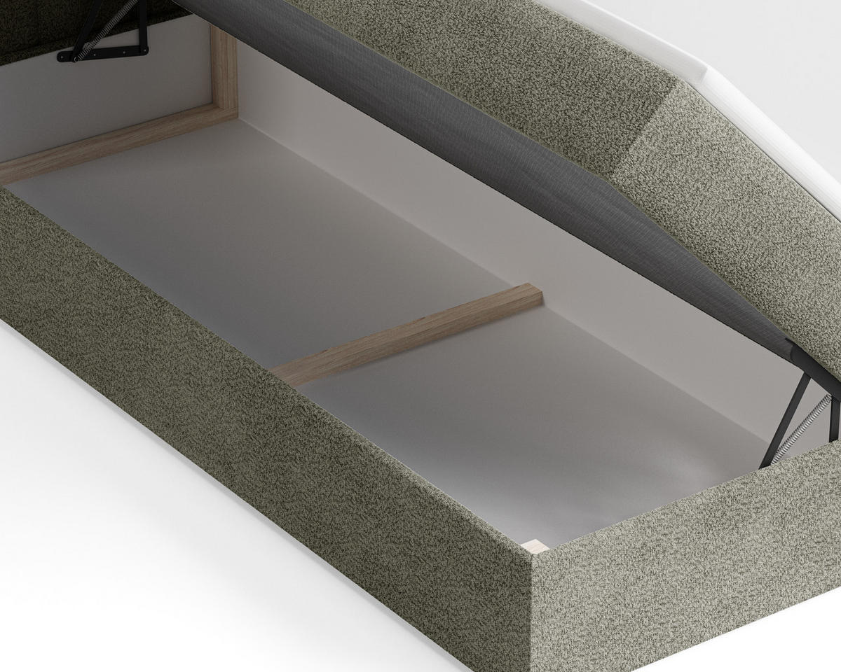 BOXBETT 01 140 x 200 cm - Arena – Stilvoll und bequem Mit Bettkasten, PU-Topper, Federmechanismus, waschbarer Bezug - Olivgrün, Holz (140/200cm) - ROYAL24_MARKT