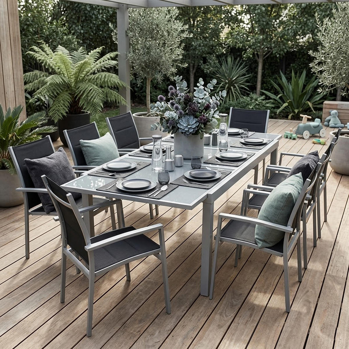GARTEN-GARNITUR Ashford - 9-teilige Garten-Essgruppe (8x Stapelsessel mit Aluminiumgestell, Bespannung Textillehne schwarz, Ausziehtisch - Schwarz, Metall - TPFGarden