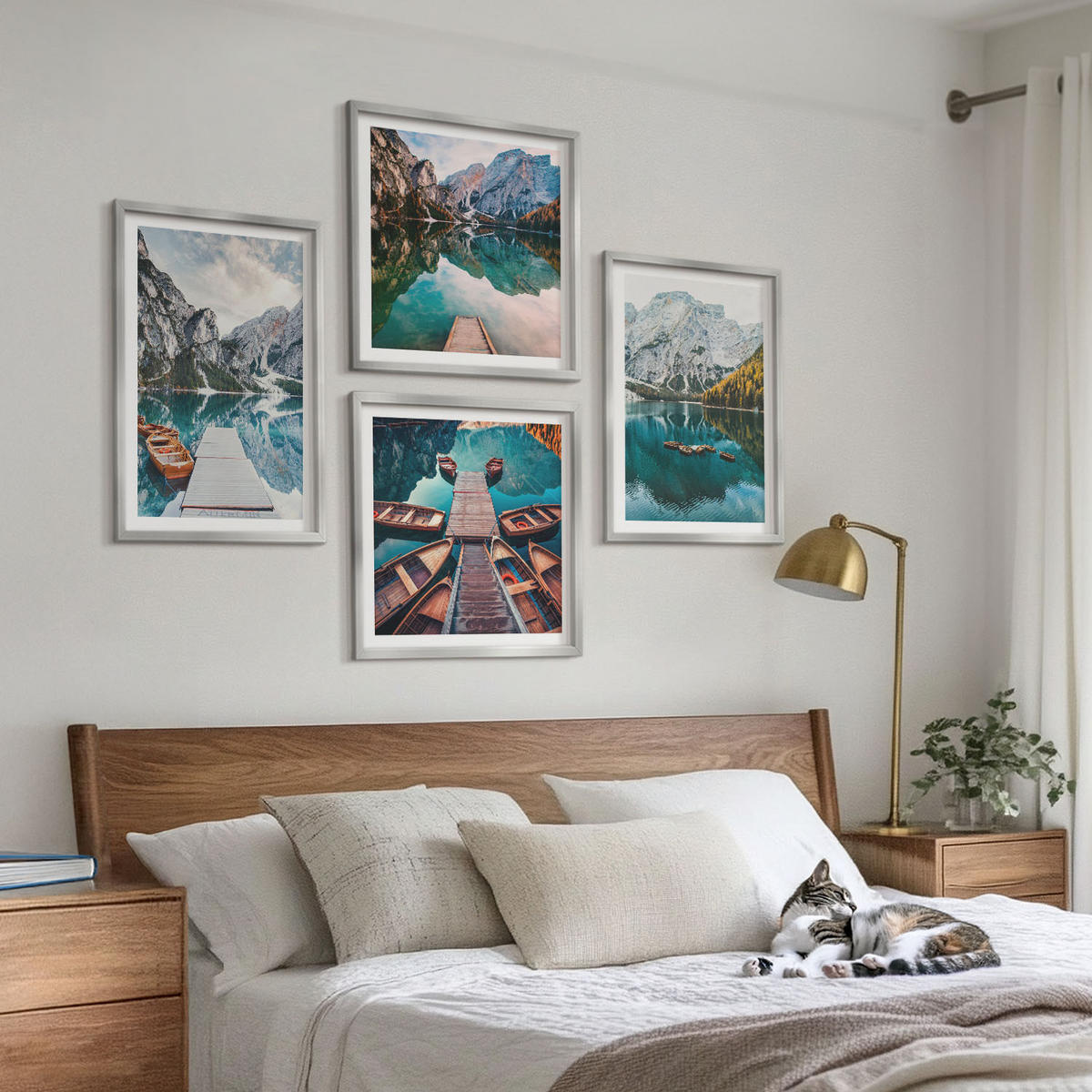 WANDBILDER 4er Set - 50x50 cm & 40x60 cm Silberner Rahmen - See, Brücken, Berge - Silberfarben, Kunststoff (50/50cm) - ArtPrintCave