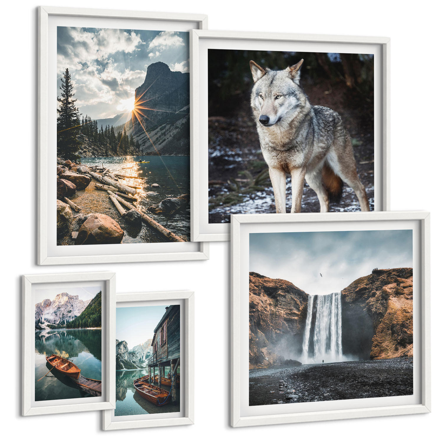 BILDER SET 5er Set - 50x50 cm & 20x30 cm & 40x60 cm Weißer Rahmen - Berge, Seen, Wasserfall, Wolf - Weiß, Kunststoff (40/60cm) - TULUP