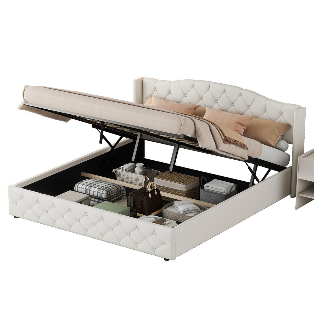 POLSTERBETT 180/200 cm Beige mit Stauraum und hydraulischem Bettkasten aus Leinen - Beige, Textil (180/200cm) - OKWISH