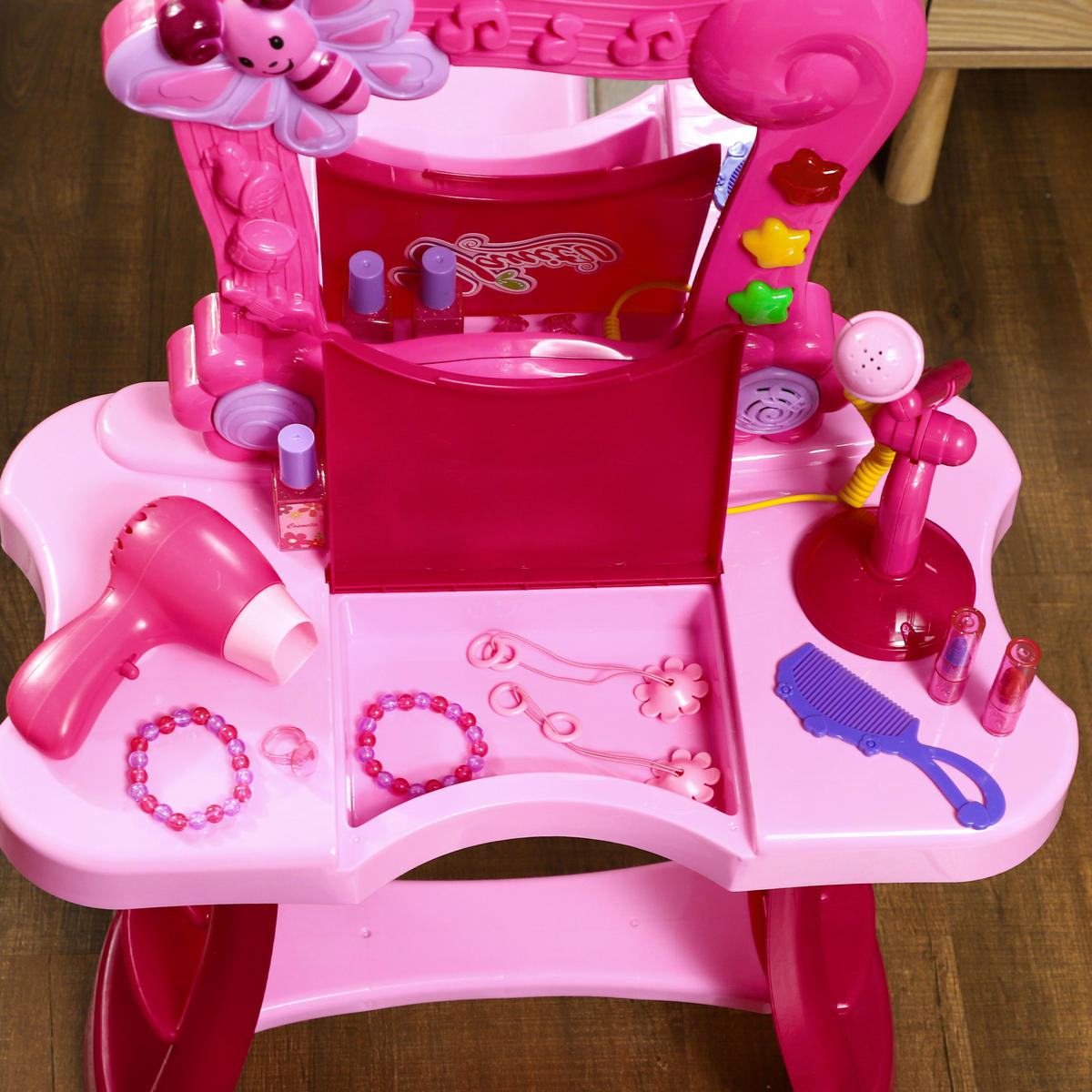 SCHMINKTISCH DE-18737 15-teilig mit Mikrofon & Föhn, Licht & Musik - Pink, Kunststoff (46.5/78.5/25cm) - ComfortXL