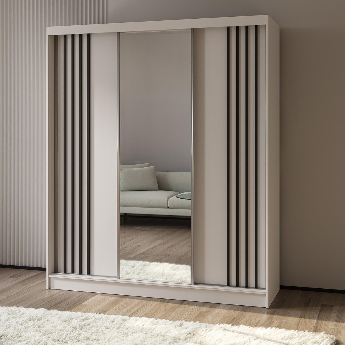 SCHWEBETÜRENSCHRANK NELVIA 180/216/61 cm 3-türig mit Spiegel Weiß - Weiß, Holzwerkstoff (180/216/61cm) - MASSENO