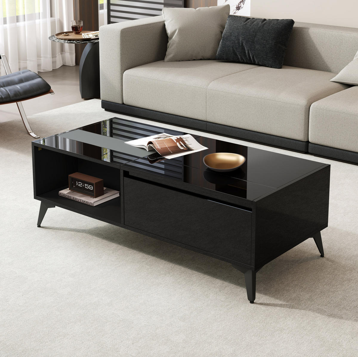COUCHTISCH 110/50/48 cm schwarz aus Spanplatte mit Hebemechanismus und Stauraum - Schwarz, Holzwerkstoff (110/50/48cm) - OKMYHOME