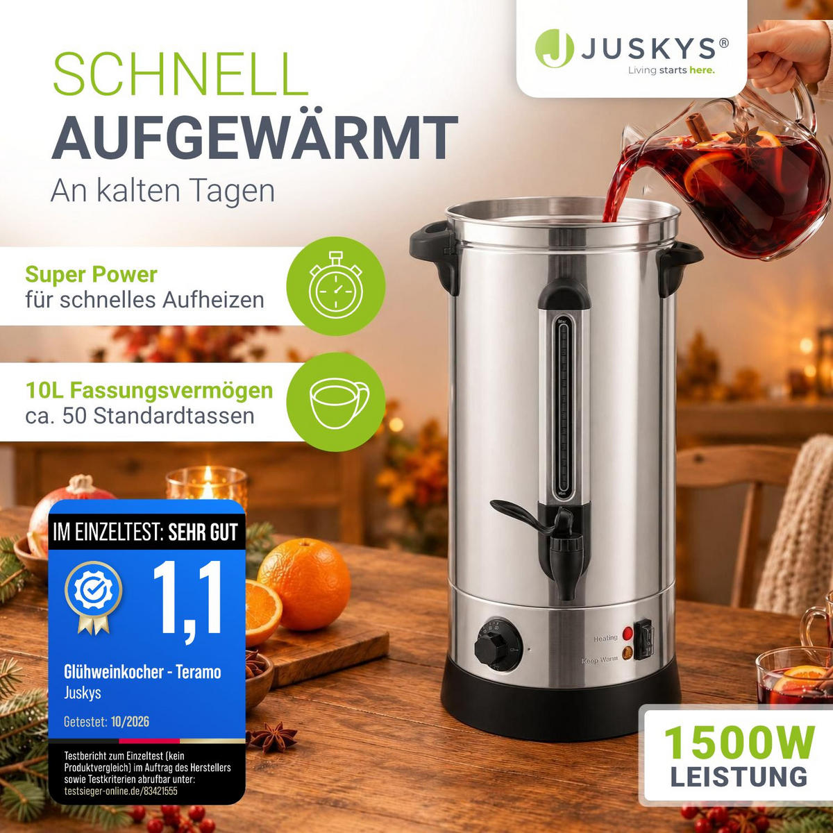 GLÜHWEINKOCHER Teramo 10 L - Silberfarben, Metall (30/50/23cm) - Juskys