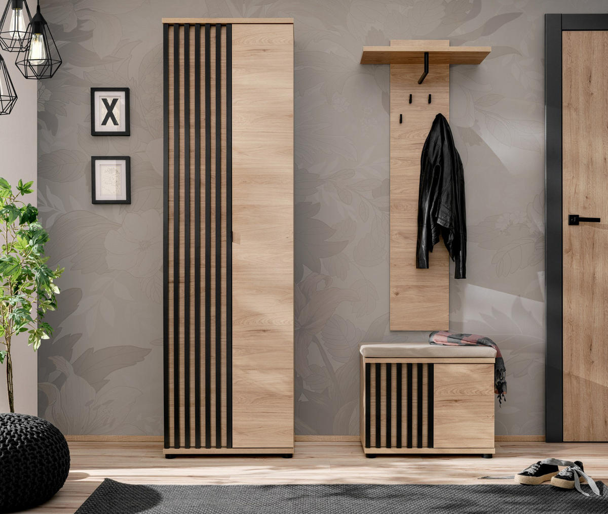 GARDEROBE Set 3-teilig Eiche Jackson, schwarz 140 cm, Garderobenkombination mit 3D-Lamellen - Eichefarben/Schwarz, Holzwerkstoff/Kunststoff (130/202/35cm) - Furn.Design