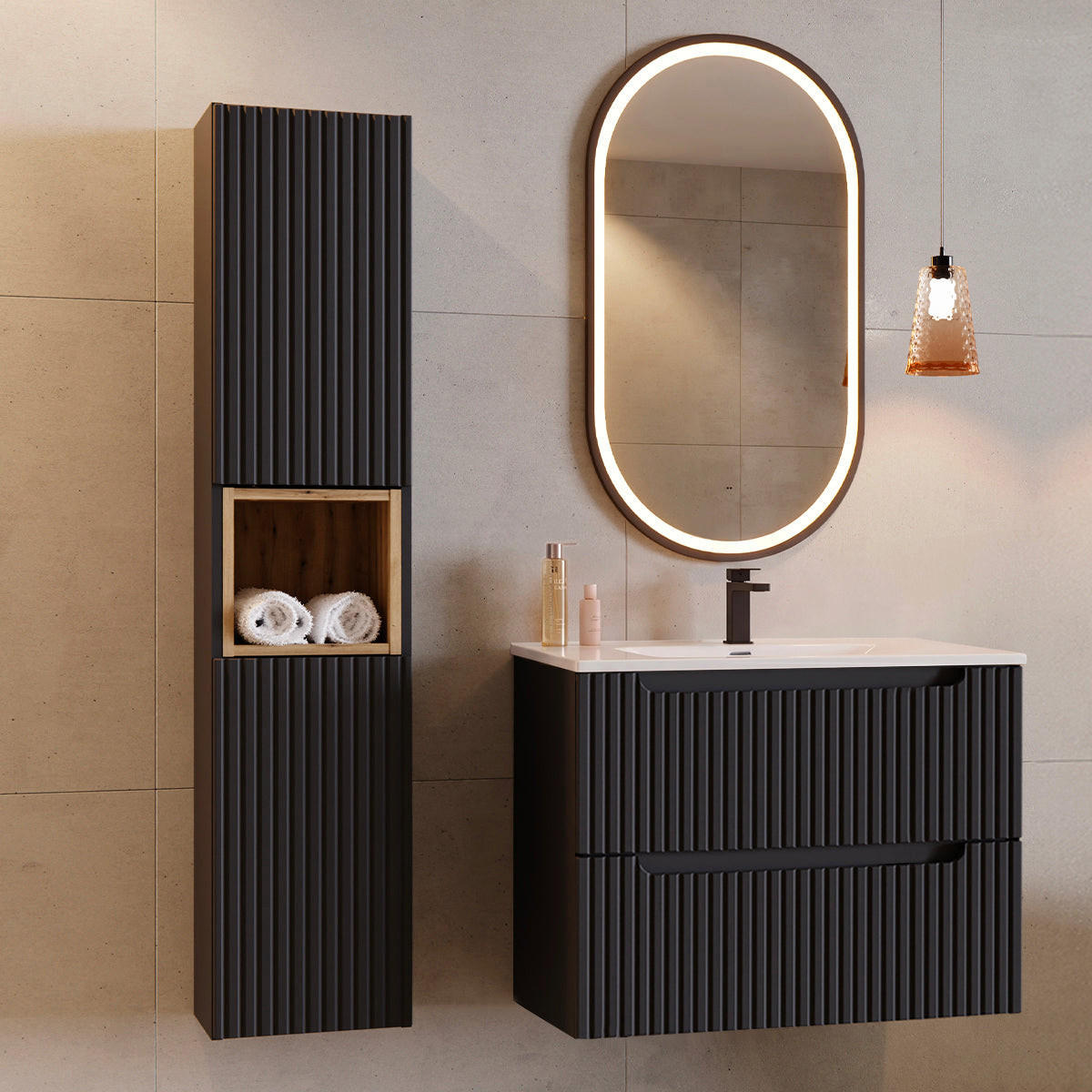 BADMÖBEL 80cm Riva 2er-Set Schwarz - Schwarz, Holzwerkstoff (80/57/40cm) - Petits-meubles