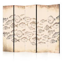 PARAVENT Akustik 5-tlg 225x172 cm Fischschwarm Vintage - Beige, Holz/Textil (225/172/3cm) - Muralo