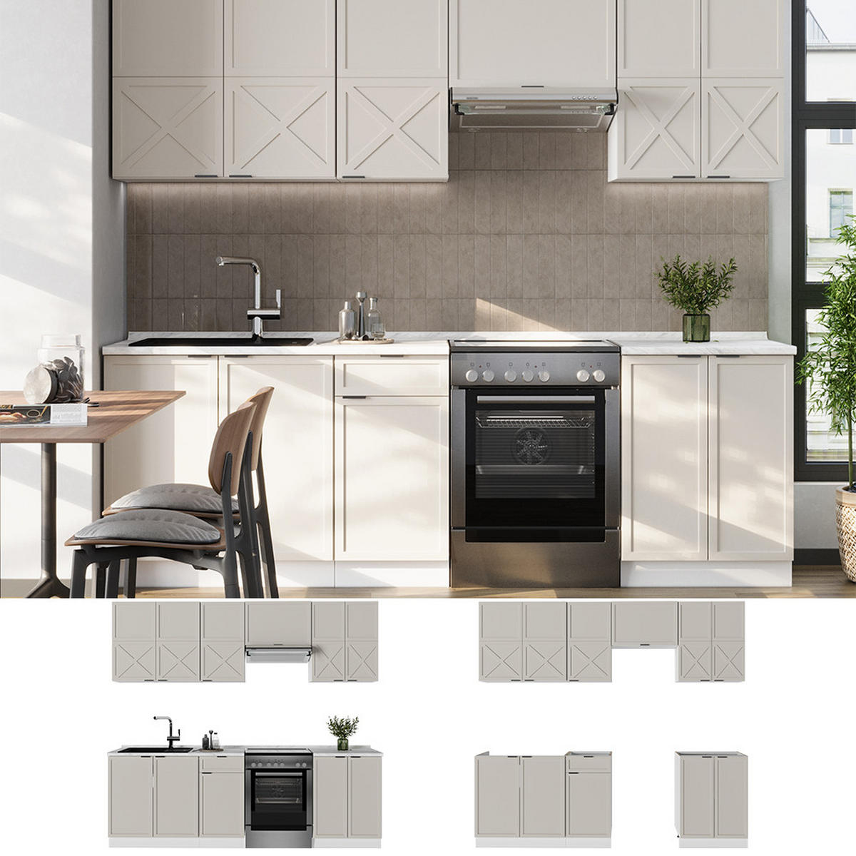 KÜCHENZEILE Fame-Line GrauBeige/Weiß 240 cm ohne AP - Weiß/Grau, Holzwerkstoff (240/81.6/46cm) - Vicco