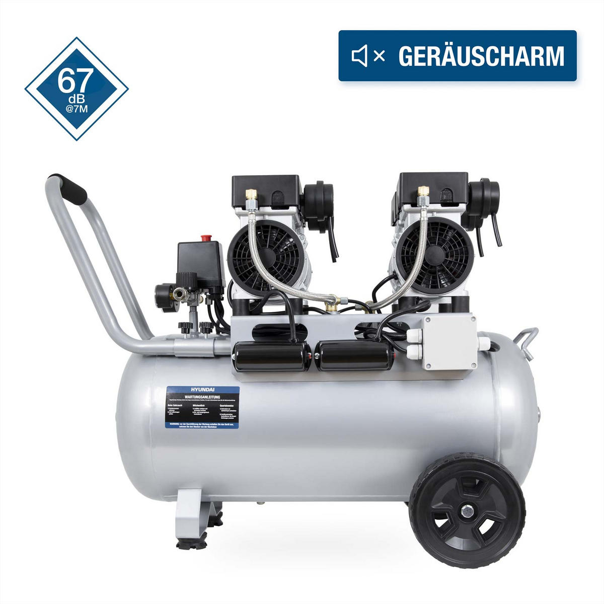 SILENT Kompressor SAC22050 SET (Druckluftkompressor leise, ölfrei, Flüsterkompressor, 67dB, 50L Kessel, 9bar, 2.2kW, 384L/Min) - Silberfarben, Metall (85/42/65cm) - HYUNDAI