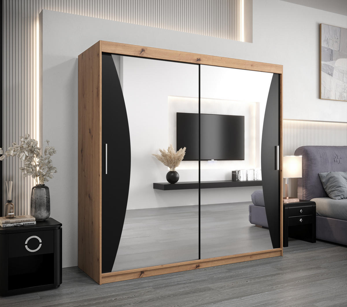 SCHWEBETÜRENSCHRANK 200/200/62 2-türig - Silberfarben/Schwarz, Holz/Kunststoff (200/200/62cm) - Abiks Möbel