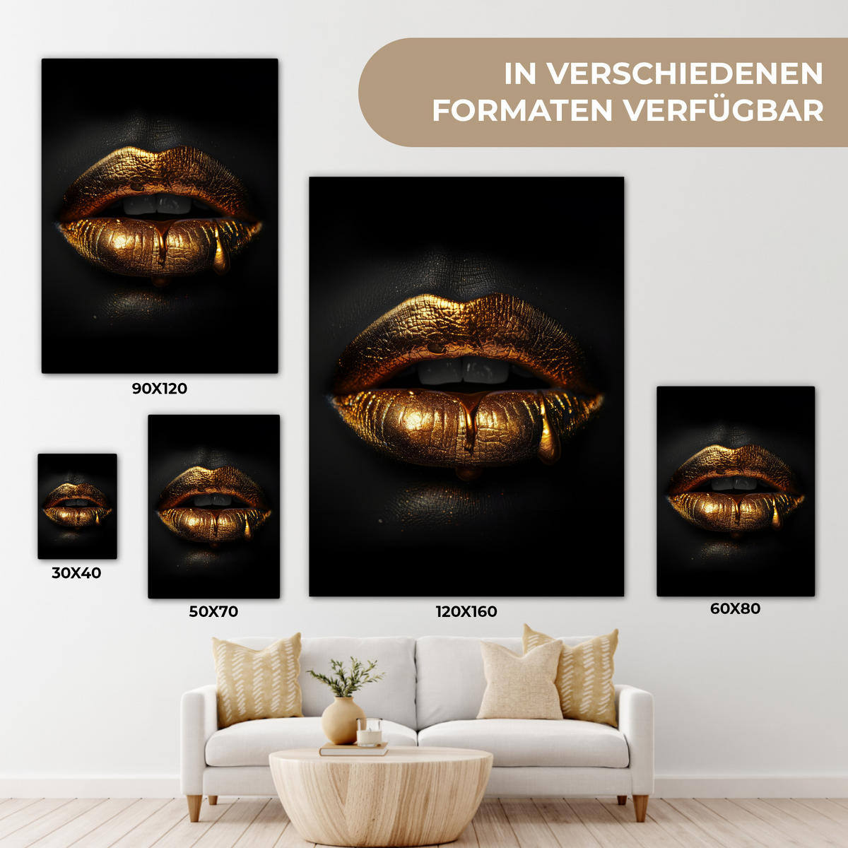 LEINWANDBILD Frau - Porträt - Lippen - Gold - Schwarz 30x40 cm - Schwarz, Textil (30/40cm) - MuchoWow