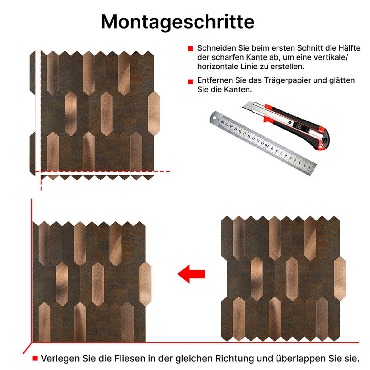 FLIESENAUFKLEBER 1 Stück 30,5 x 30,5 cm Selbstklebende Fliesen - Moro Rame - Roségold/Braun, Kunststoff (30.5/0.4/30.5cm) - Mazovia