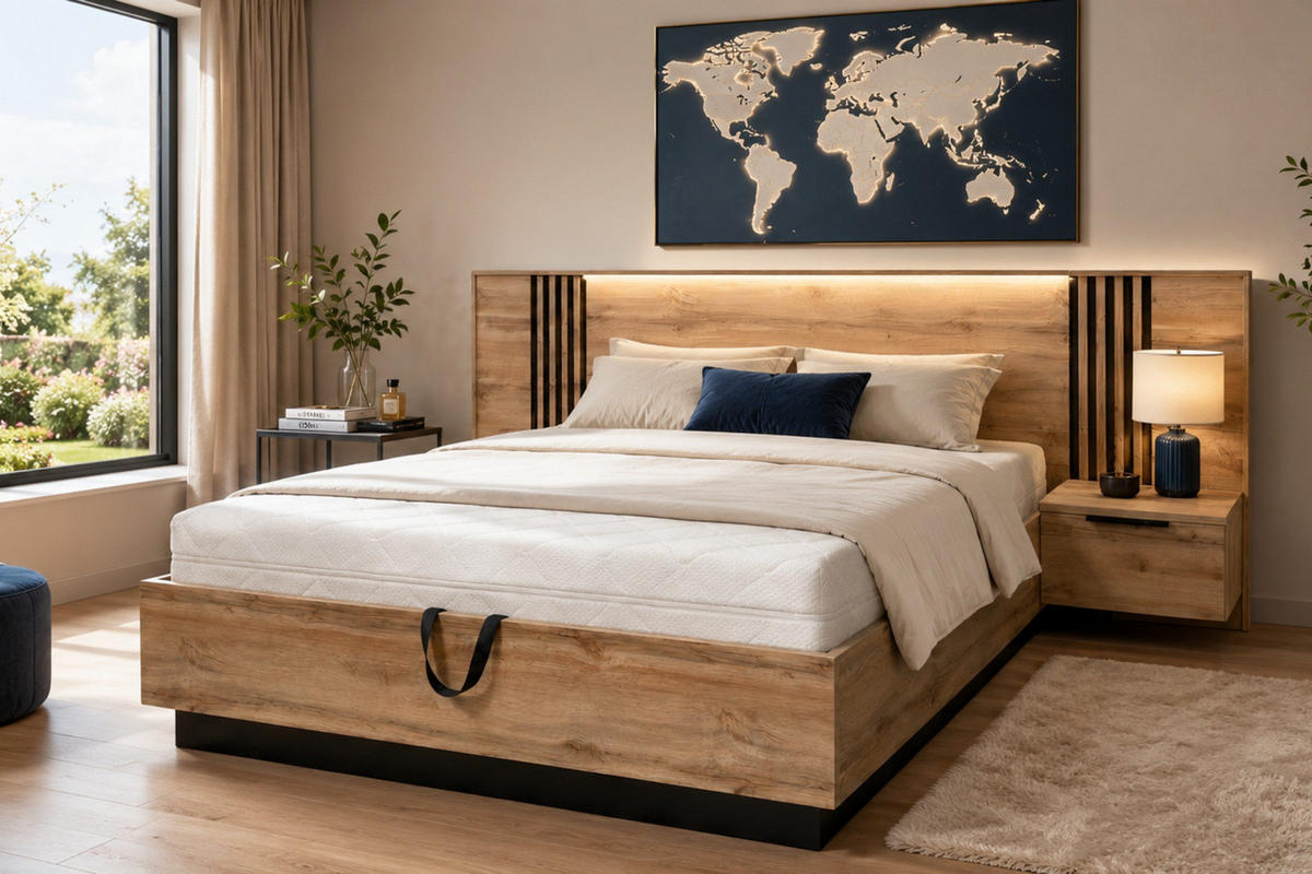 BETT LABOO LUX 160 / 200 cm in Eiche Wotan / Schwarz mit Lamellen - Eiche Wotan/Schwarz, Holzwerkstoff (160/200cm) - Deine Möbel 24