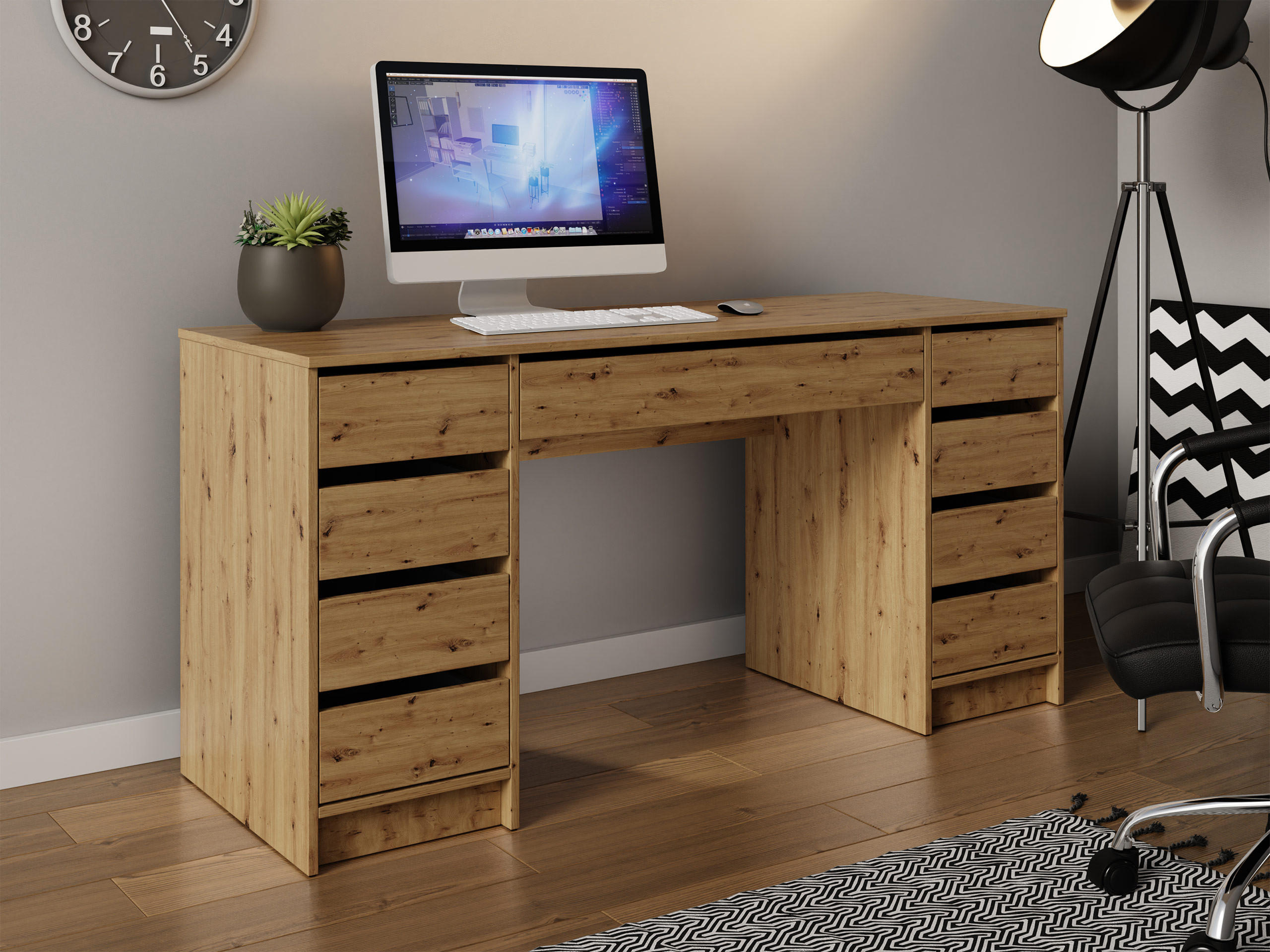 Thumbnail - Mirjan24 Schreibtisch, Eiche Artisan, Holzwerkstoff, 9 Schubladen, Rechteckig,Rechteckig, 154x76x55 cm, Arbeitszimmer, S...