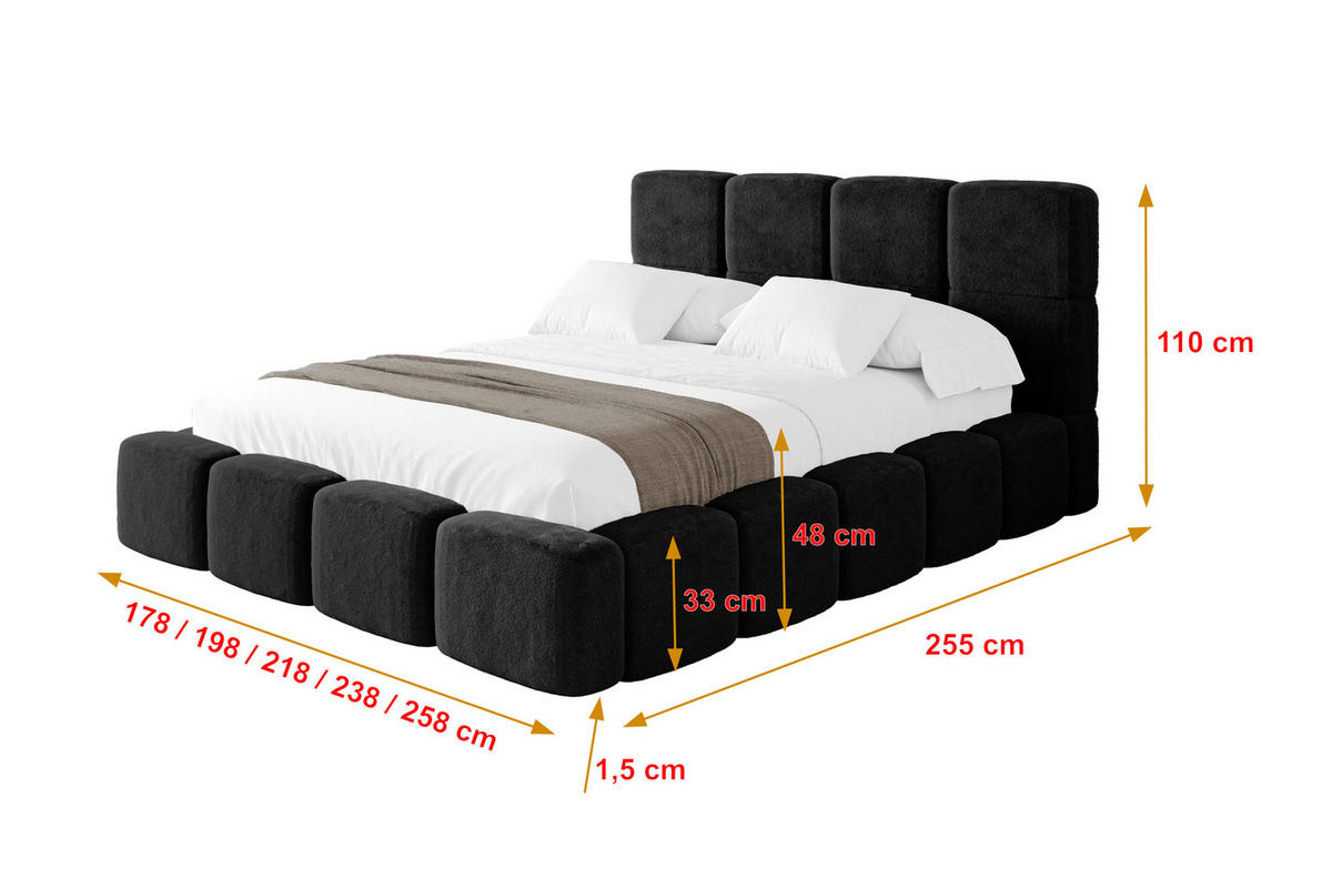 POLSTERBETT mit Bettkasten und Lattenrost mit Kopfteil, Boxbett ohne Matratze, mit Stauraum - NATA 180x200 Schwarz - Schwarz, Holzwerkstoff/Textil (180/200cm) - ALTDECOR