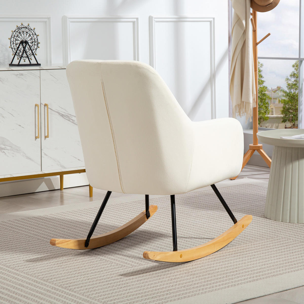 SCHAUKELSTUHL Schaukelsessel mit Armlehne, Holzkufen für Schlafzimmer Creme - Weiß, Kunststoff (68/89/85cm) - HOMCOM