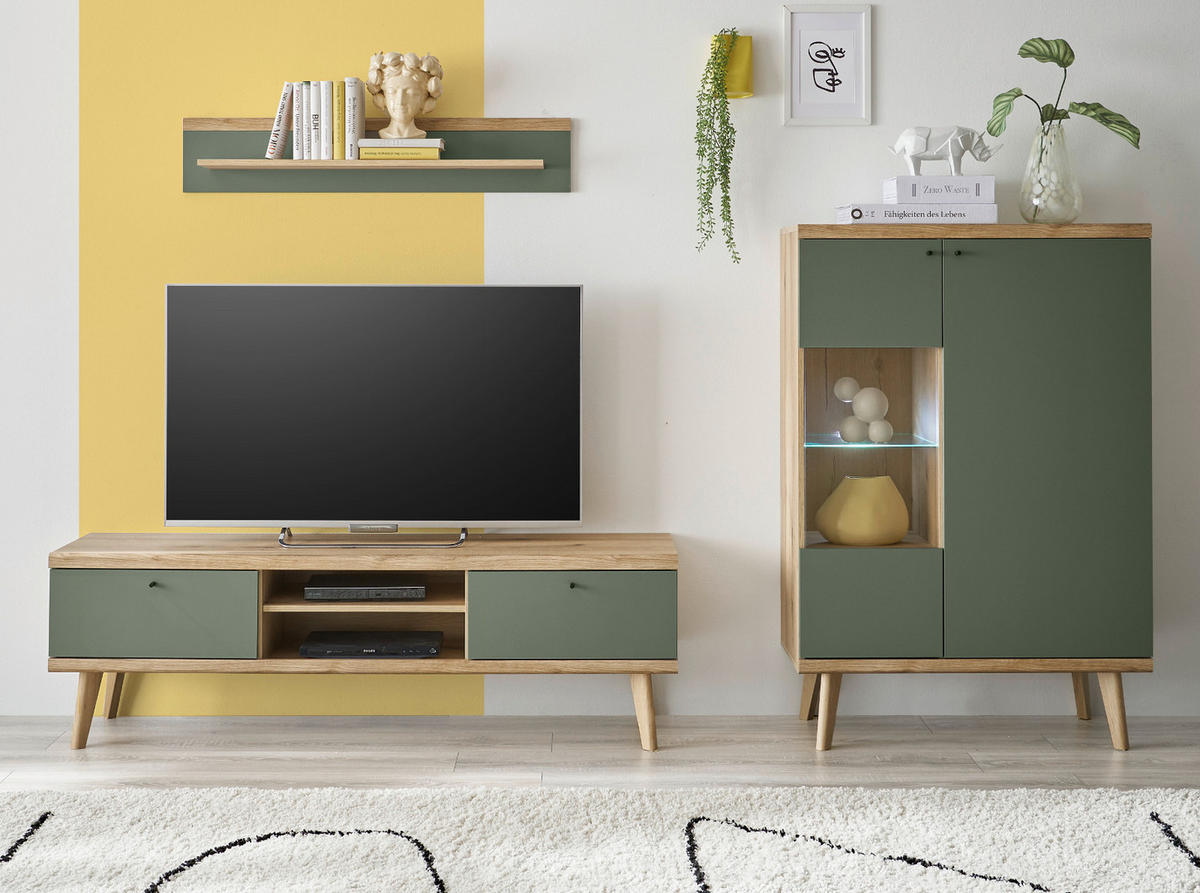 WOHNWAND 3-teilig salbei grün, Eiche Evoke, skandinavisch 260 cm, Schrankwand mit Highboard - Salbeigrün/Eichefarben, Glas/Eichenholz (260/160/40cm) - Furn.Design