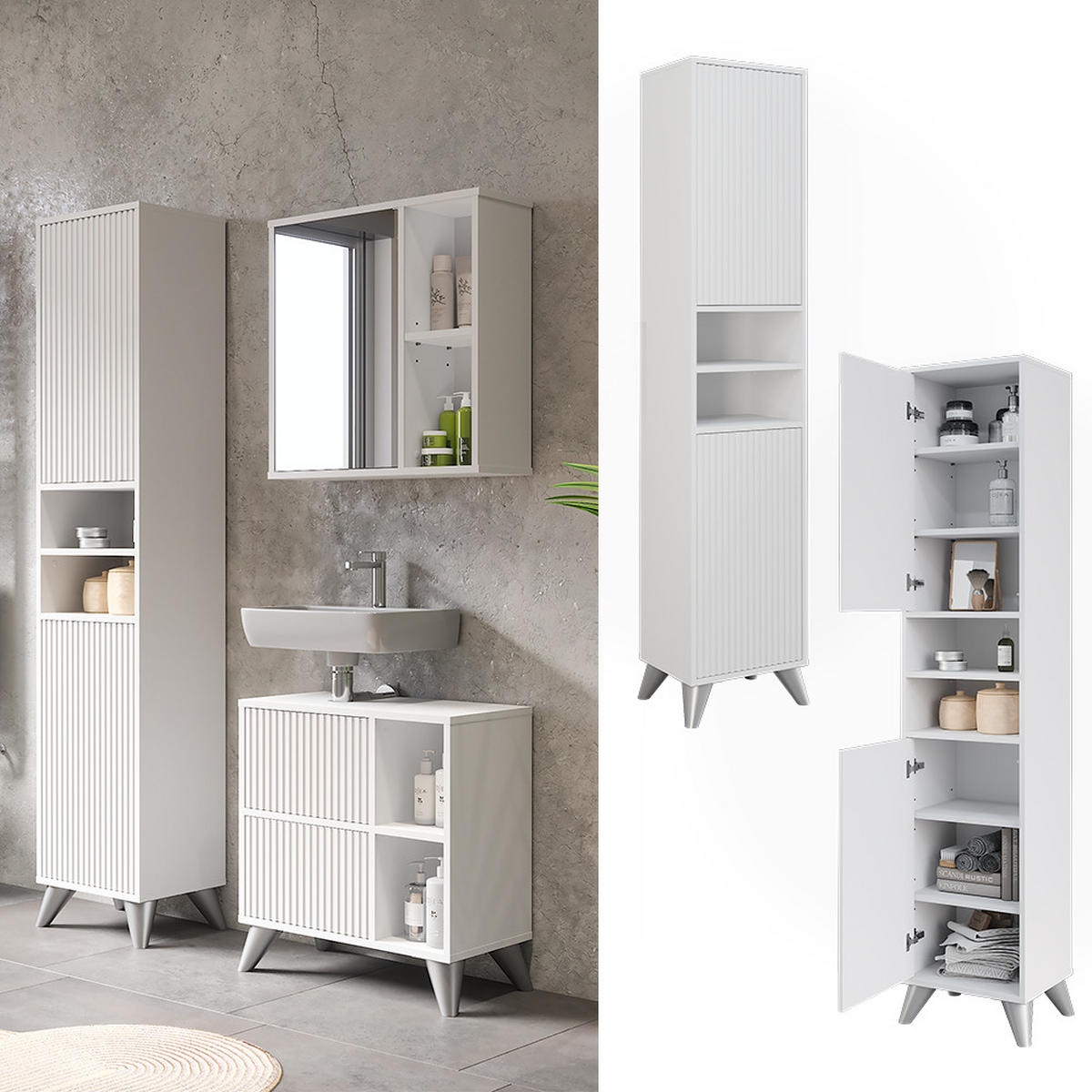 BADSCHRANK Leano Weiß 38 x 180 cm mit 2 Türen - Weiß, Holzwerkstoff (38/180/30cm) - Vicco