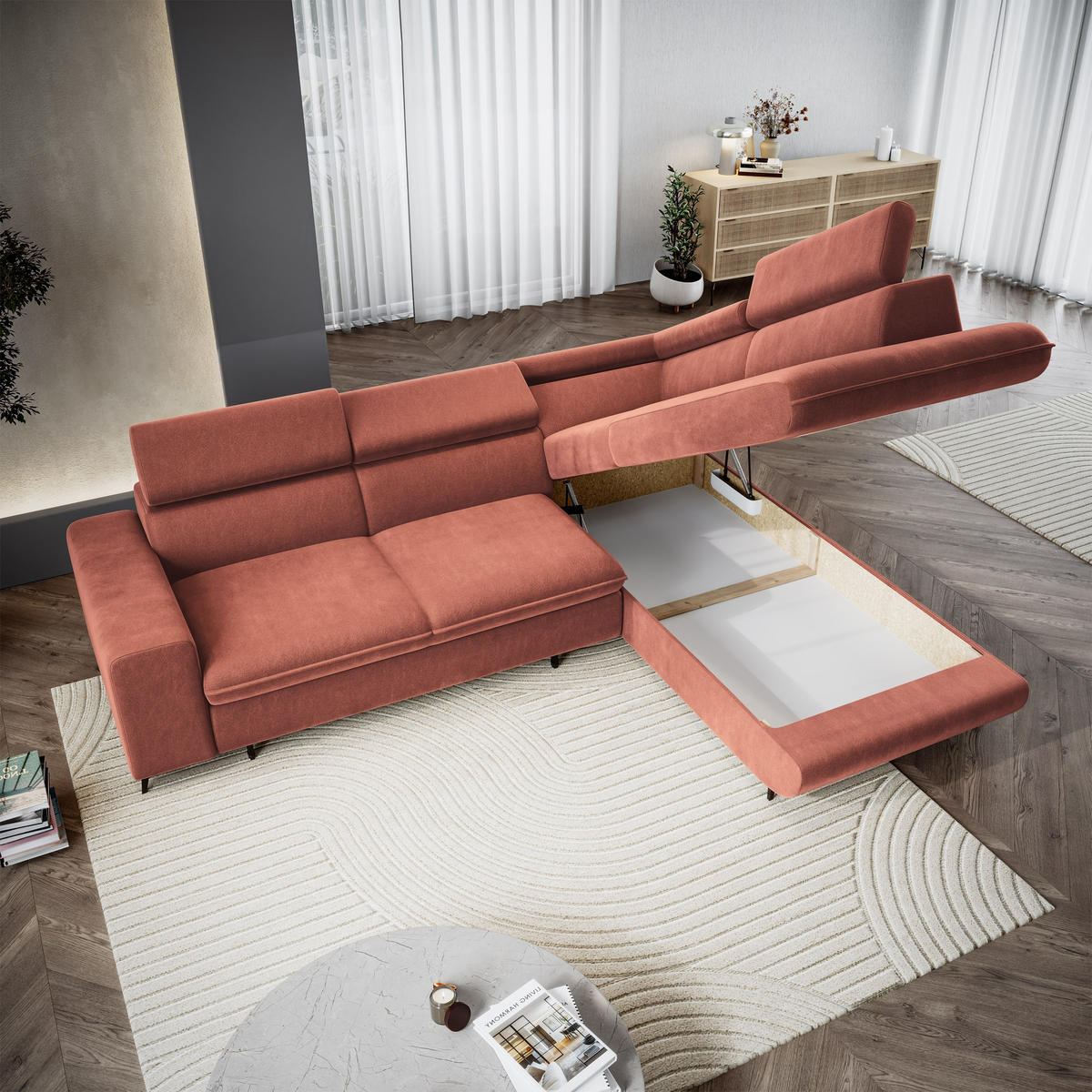 ECKSOFA VELISS Koralle Veloursstoff mit Schlaffunktion - Koralle, Holz (255/193cm) - MASSENO