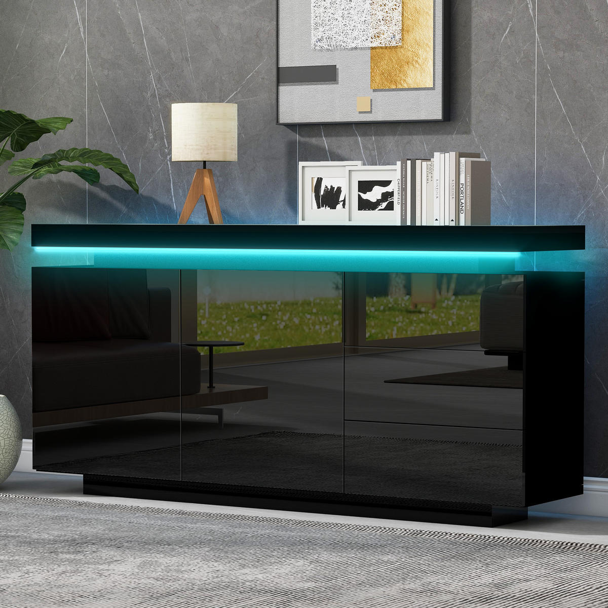 SIDEBOARD LED Hochglanz 2 Türen 3 Schubladen Schwarz 140cm modern - Schwarz, Holzwerkstoff (38/72/140cm) - FLIEKS