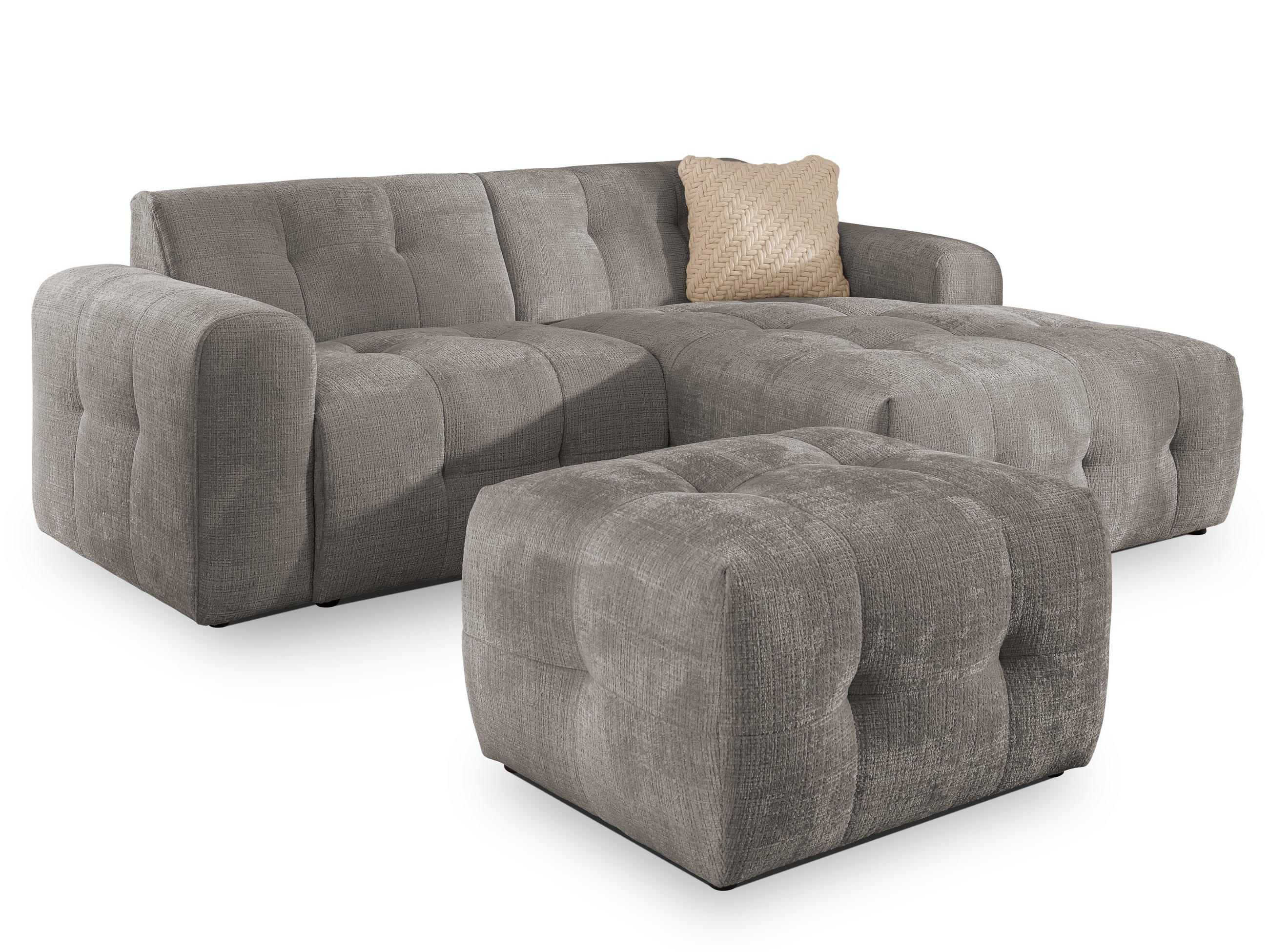ECKSOFA inkl. Hocker Kozy im Bumpy-Design mit Schlaffunktion und fester Rückenlehne aus weichem Taupe Chenille-Stoff - Ottomane rechts - Taupe/Schwarz, Holz/Kunststoff (234/161cm) - S-Style Möbel