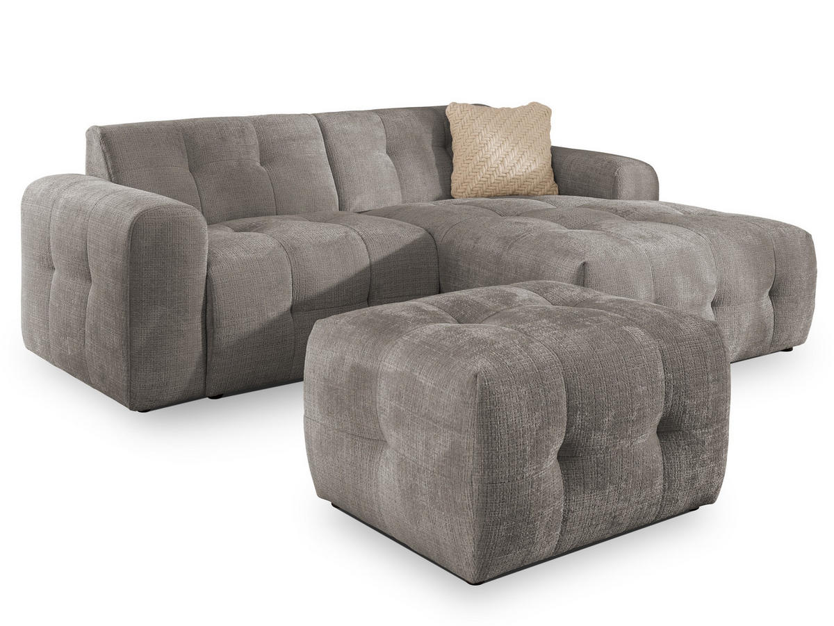 ECKSOFA inkl. Hocker Kozy im Bumpy-Design mit Schlaffunktion und fester Rückenlehne aus weichem Taupe Chenille-Stoff - Ottomane rechts - Taupe/Schwarz, Holz/Kunststoff (234/161cm) - S-Style Möbel