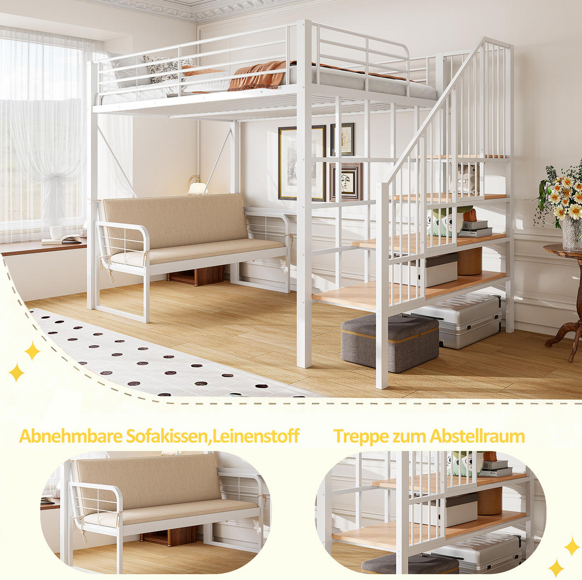 HOCHBETT 140/200 cm aus Metall/MDF mit Stauraumtreppe und abnehmbarem Polstersofa Weiß - Weiß, Metall (140/200cm) - Modenvie
