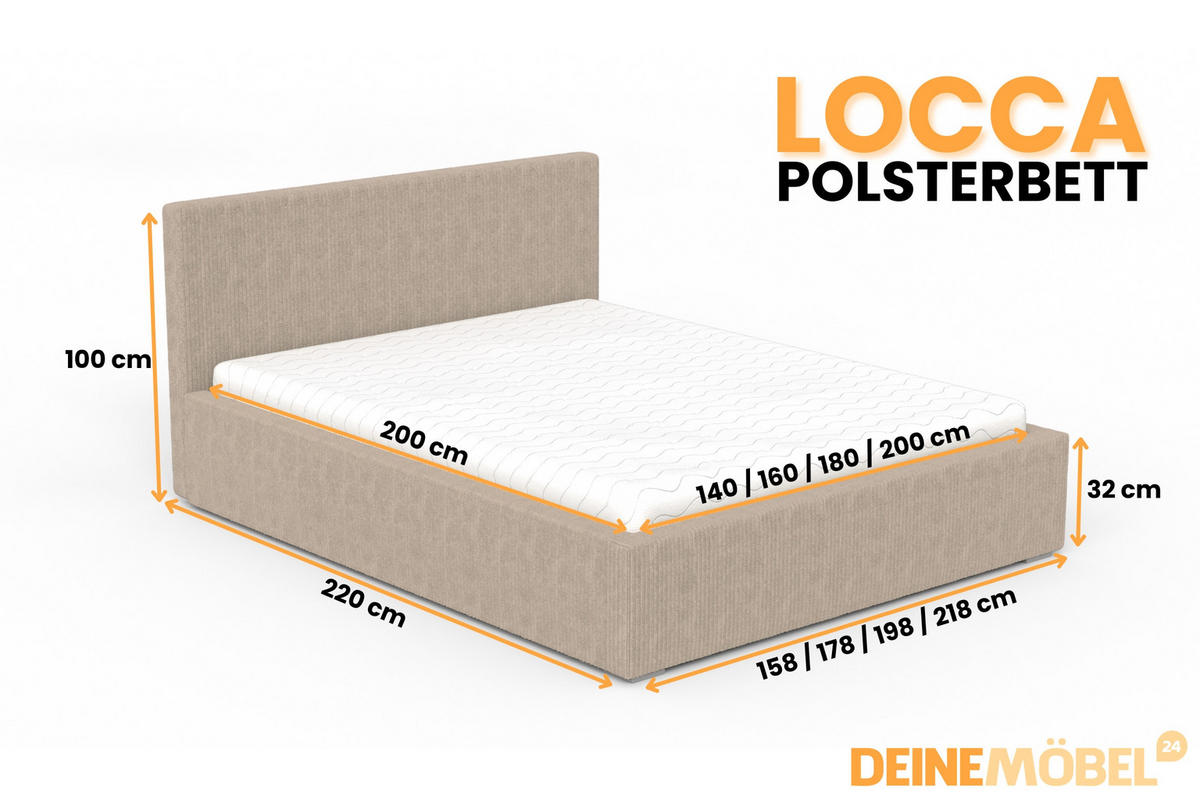 POLSTERBETT LOCCA 140/200 in Cord Beige - Beige, Holz/Holzwerkstoff (140/200cm) - Deine Möbel 24