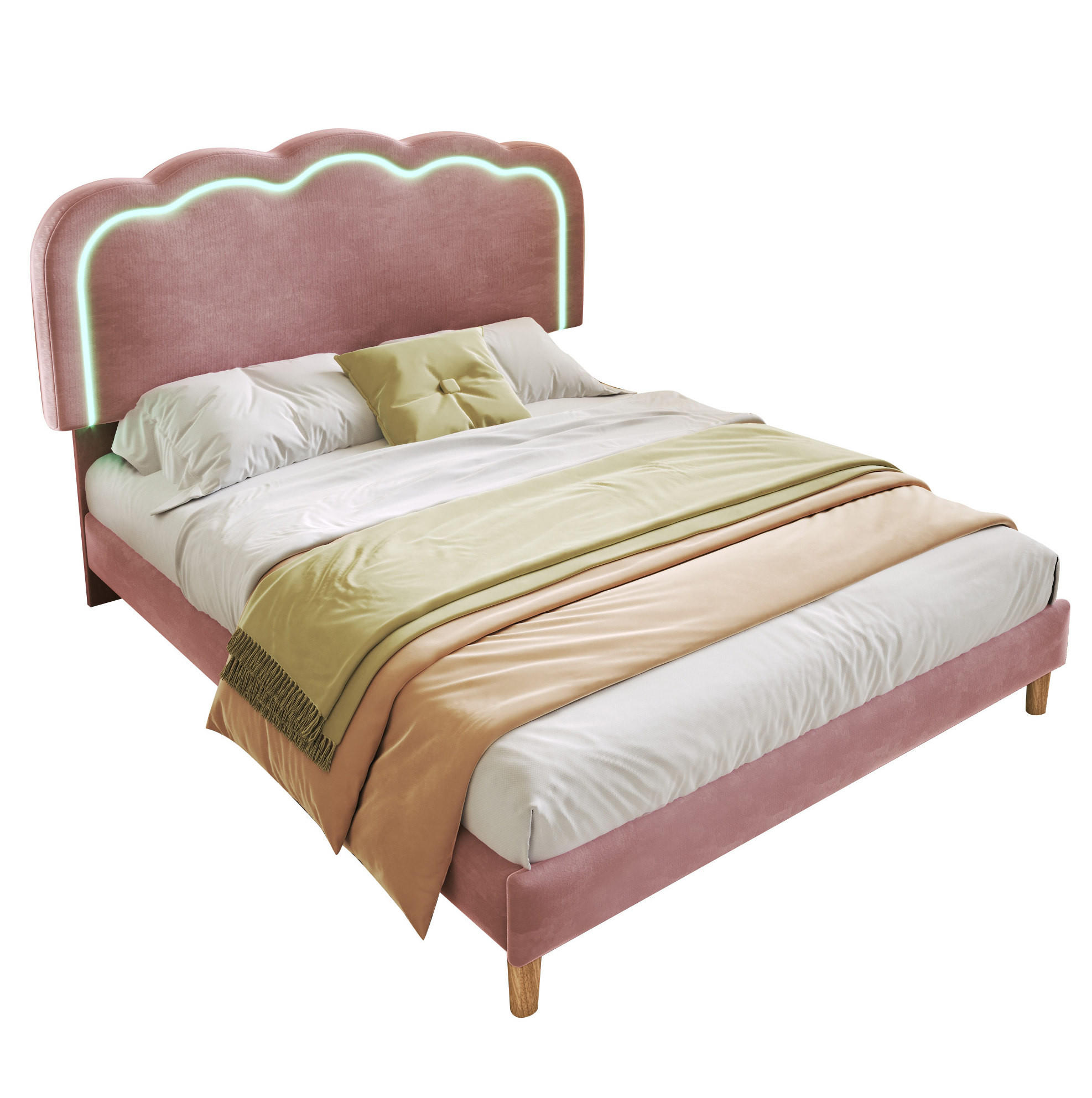 POLSTERBETT 140/200 cm aus Samt mit LED-Beleuchtung und verstellbarem Kopfteil Rosa - Pink, Textil (140/200cm) - Modenvie