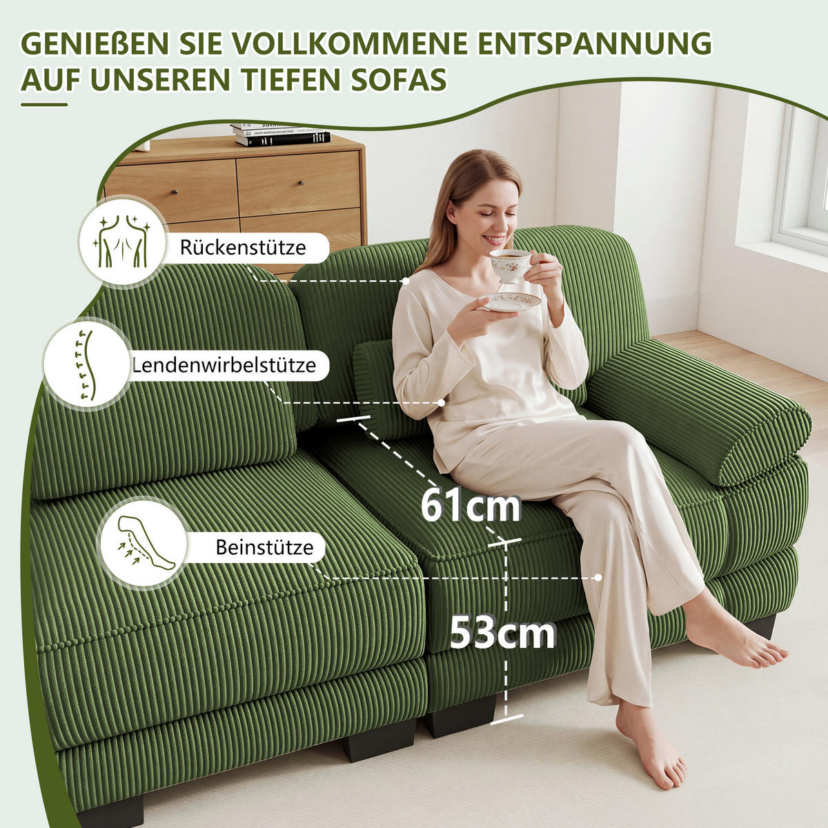 2-SITZER-SOFA modular mit Lendenkissen, DE-42659, Grün - Grün, Holz (194/94/88.5cm) - ComfortXL