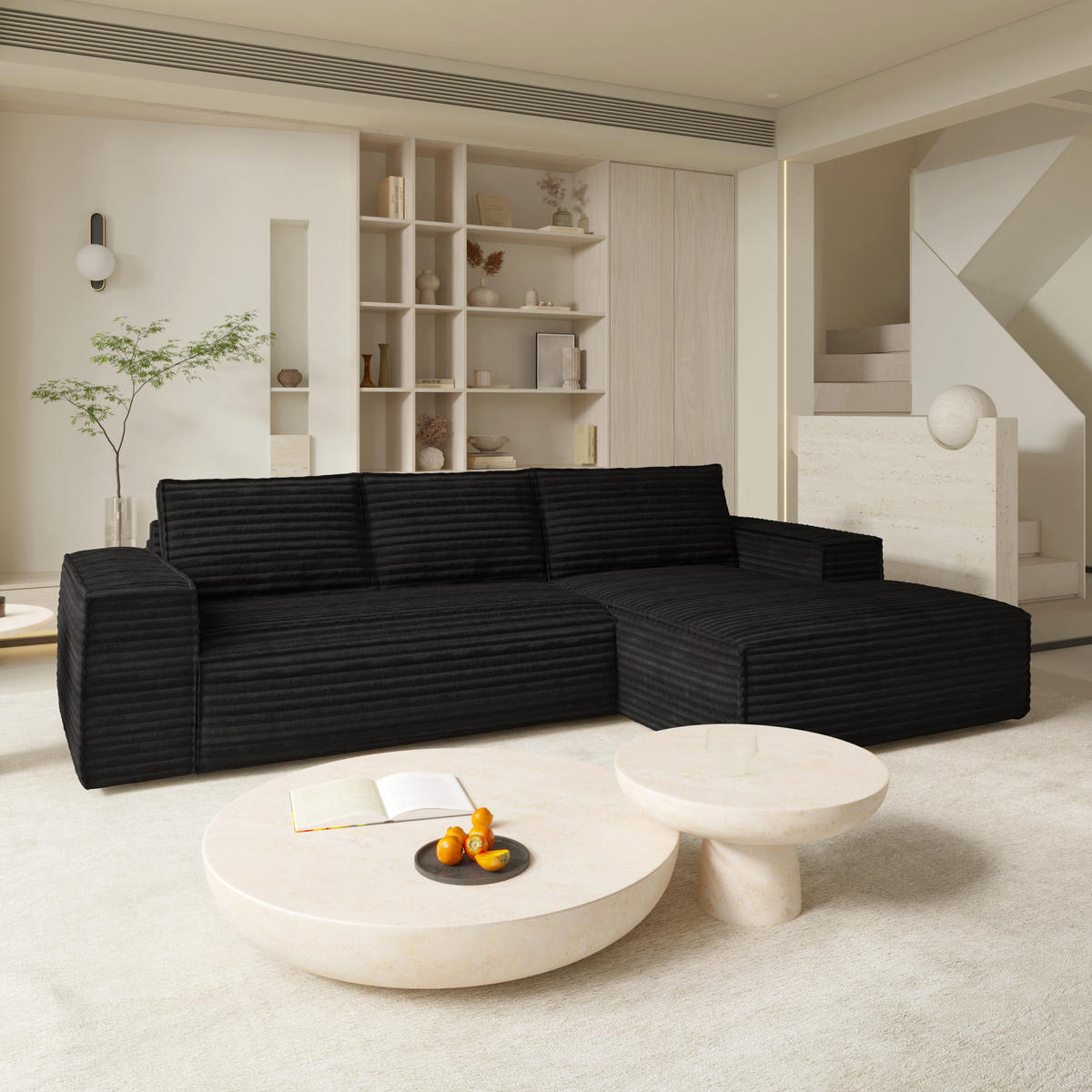 ECKSOFA RECHTS Gerippter Samt Dunkles Anthrazit 302cm - Anthrazit, Textil (302/165cm) - Sia Home